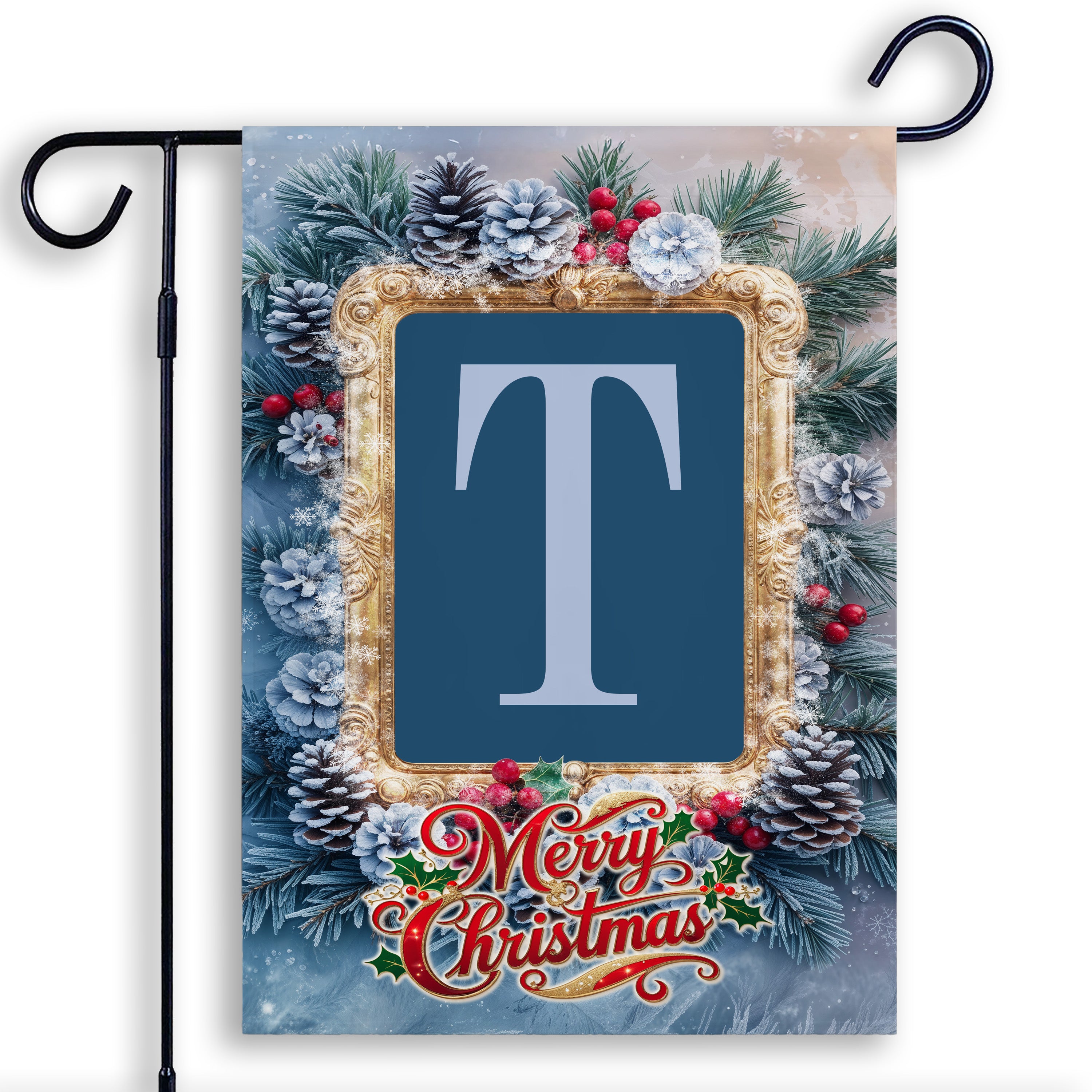 Christmas, Snowy Pine Cones, Monogram, Garden Flag