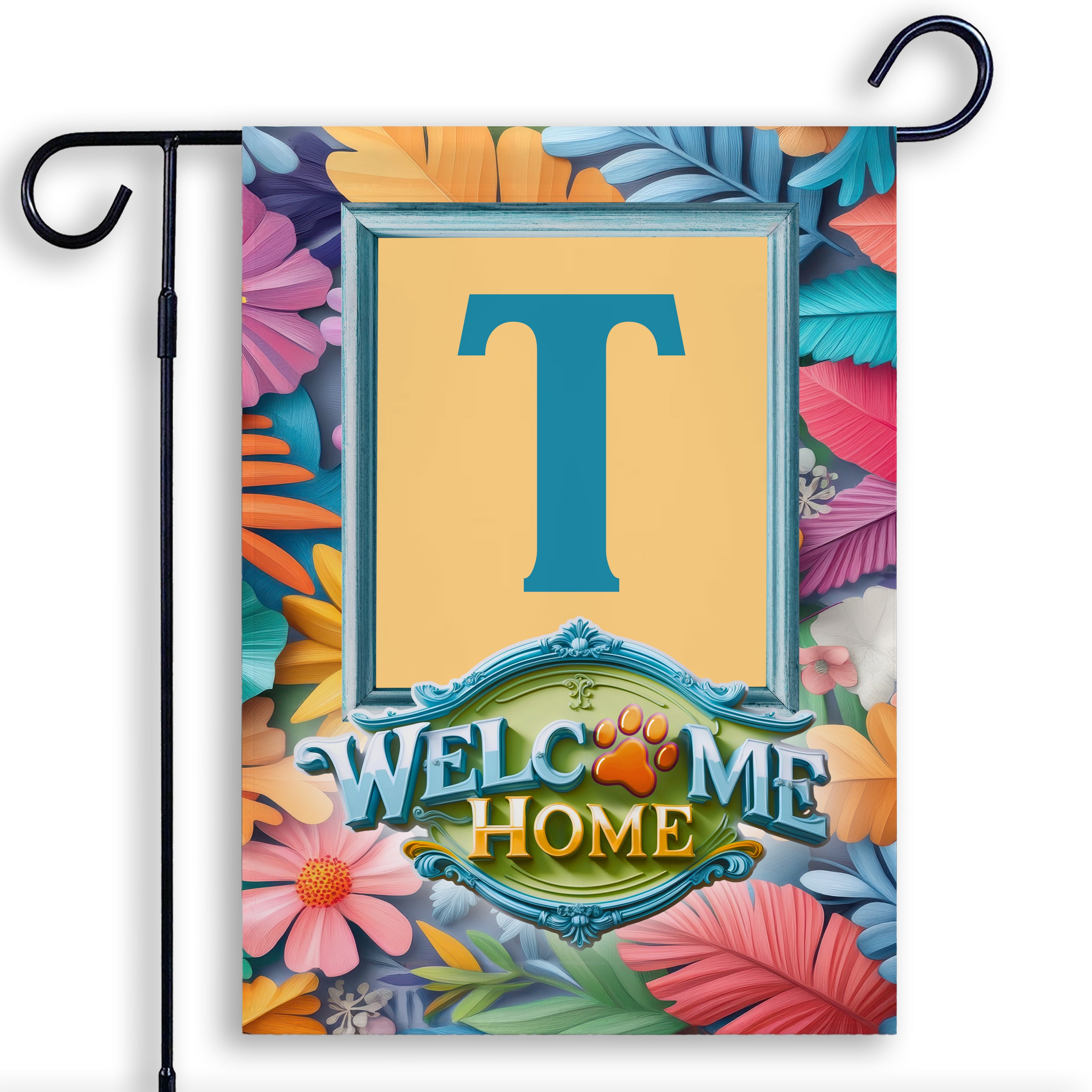 Welcome, Welcome Home Floral, Monogram, Garden Flag