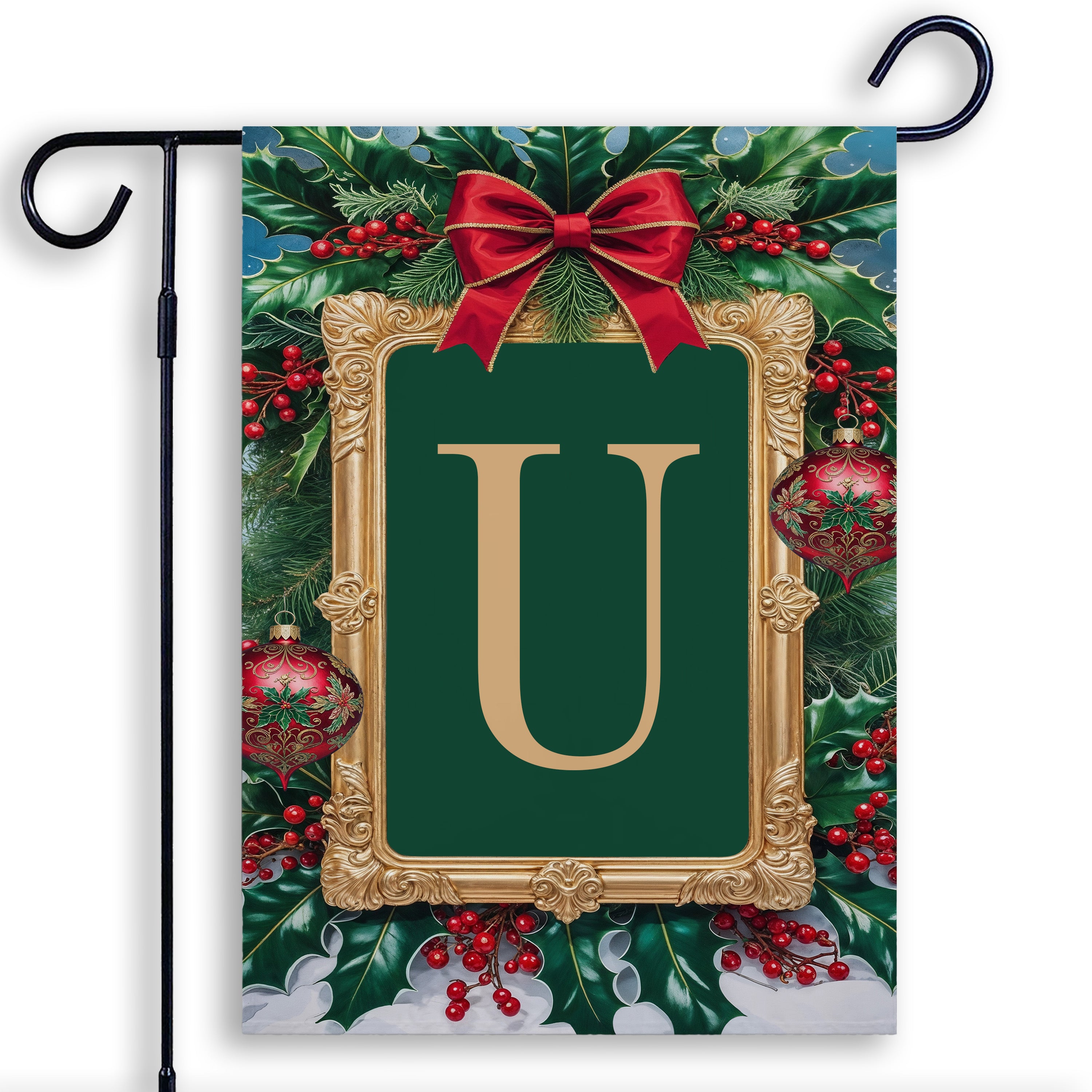 Christmas, Holly Berries Frame, Monogram, Garden Flag