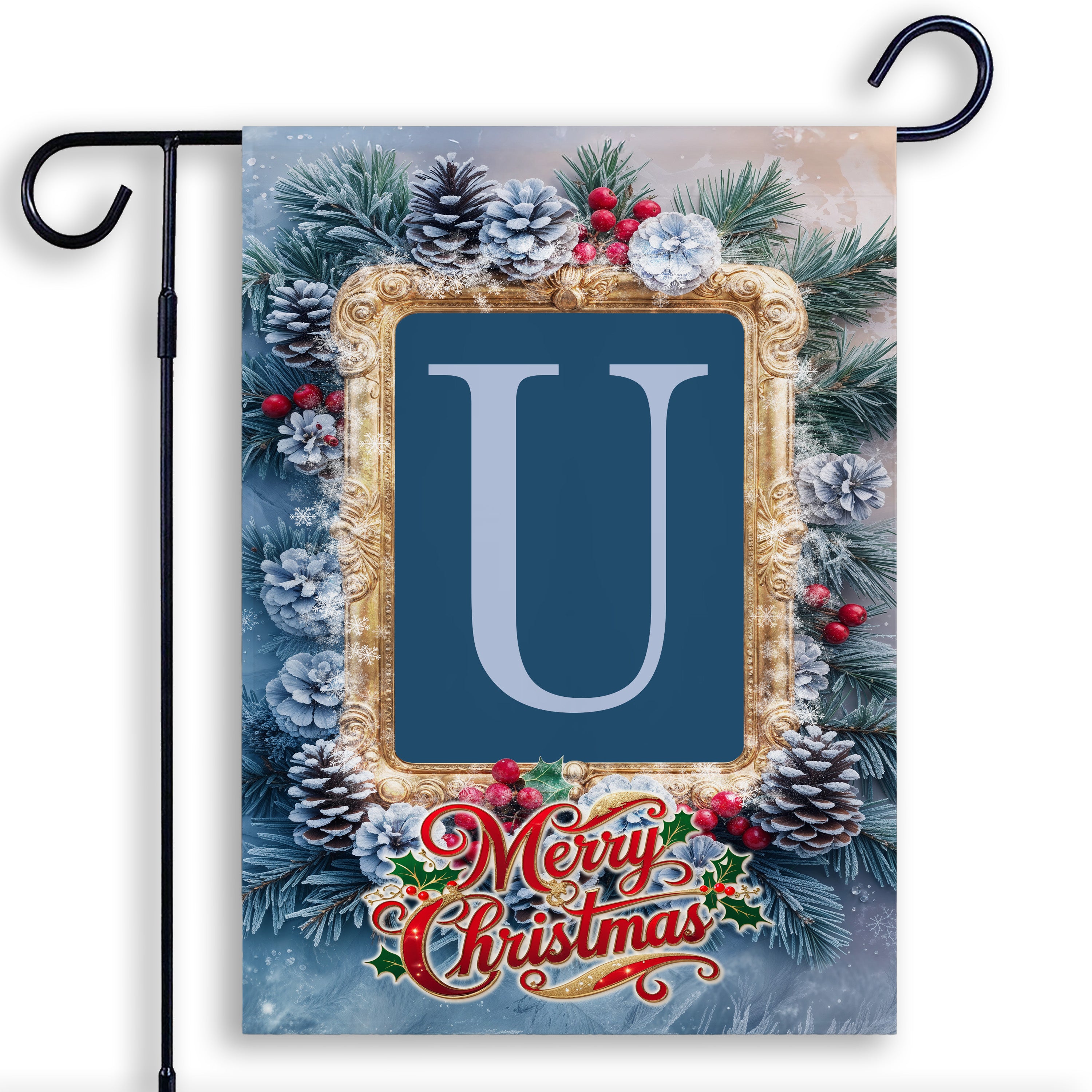 Christmas, Snowy Pine Cones, Monogram, Garden Flag