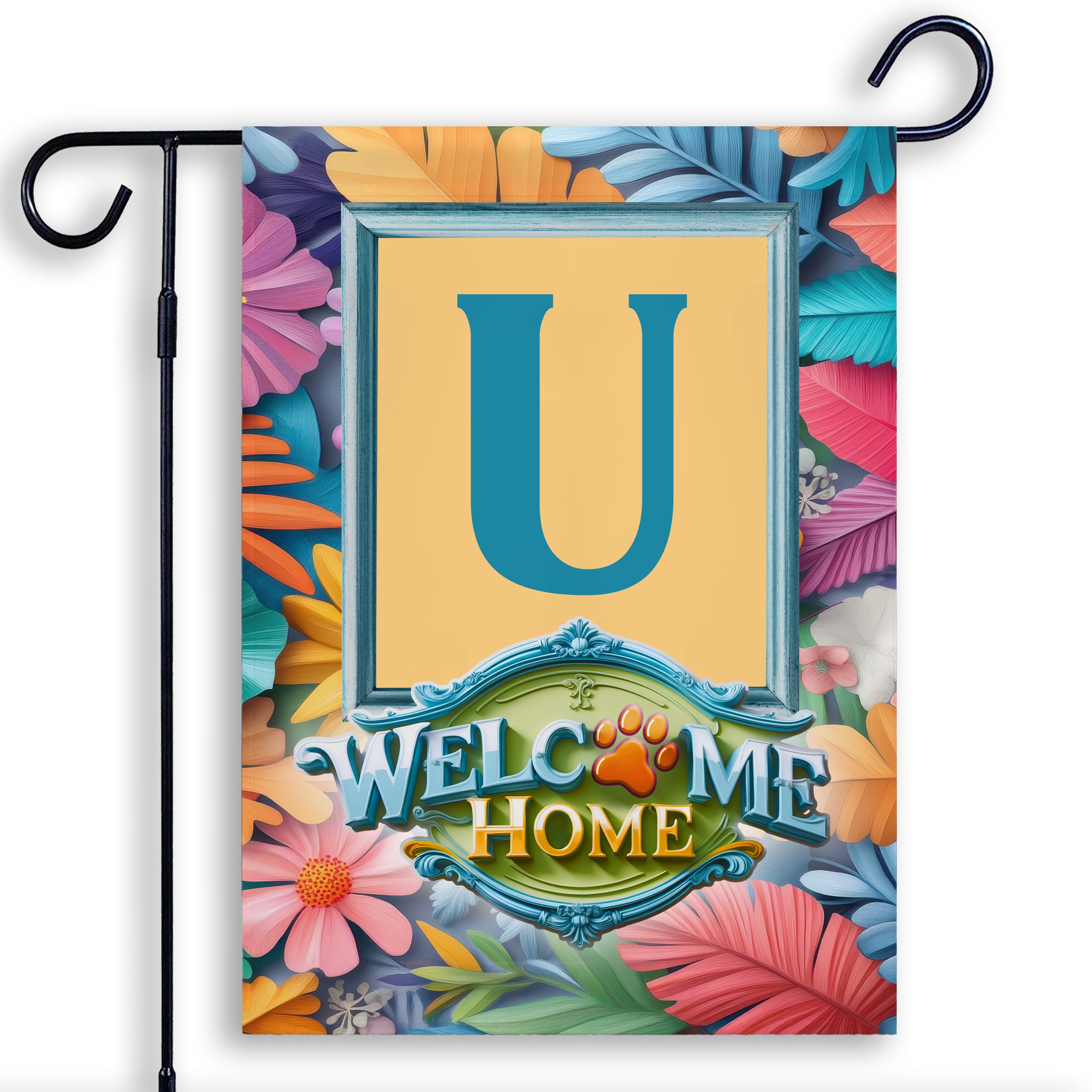 Welcome, Welcome Home Floral, Monogram, Garden Flag