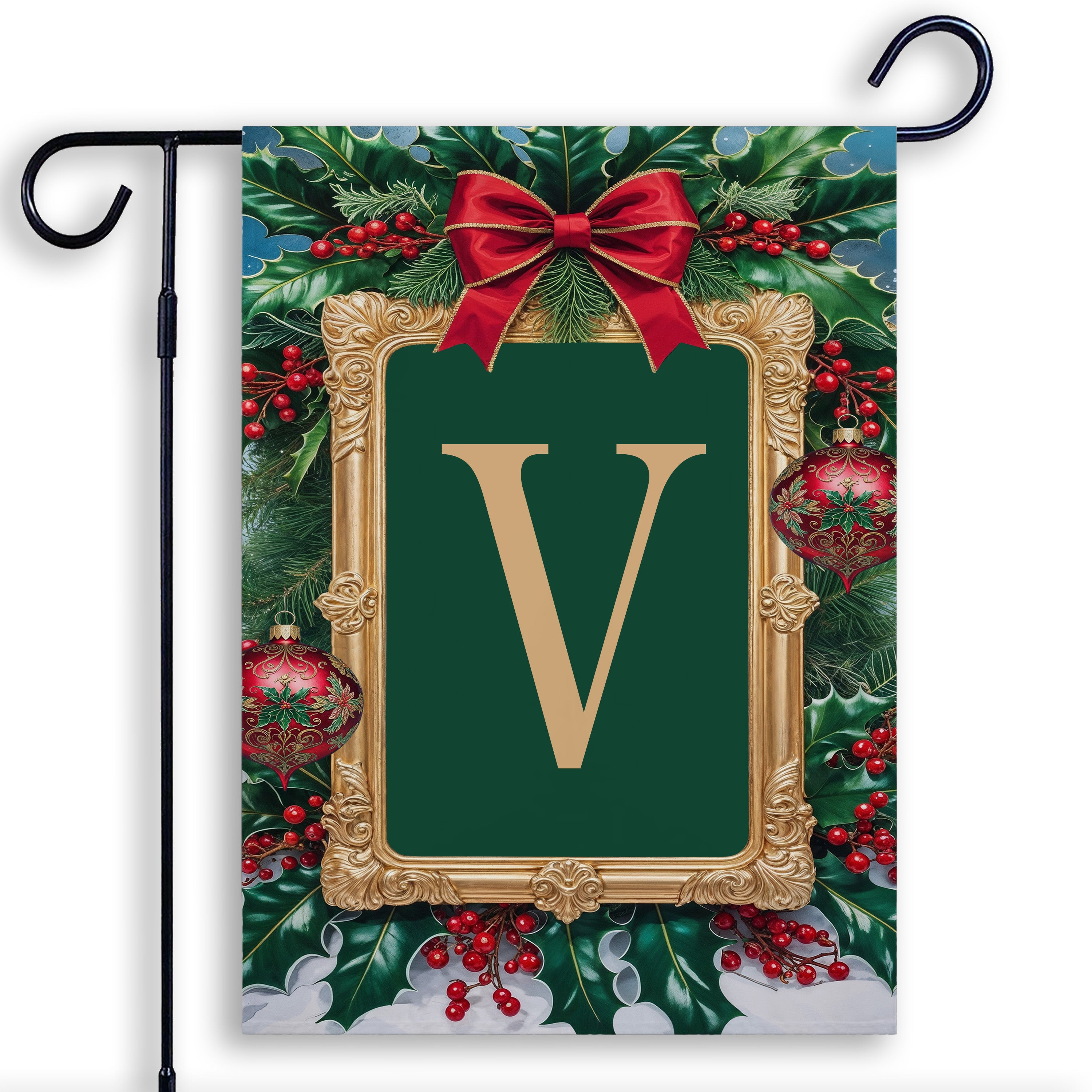 Christmas, Holly Berries Frame, Monogram, Garden Flag