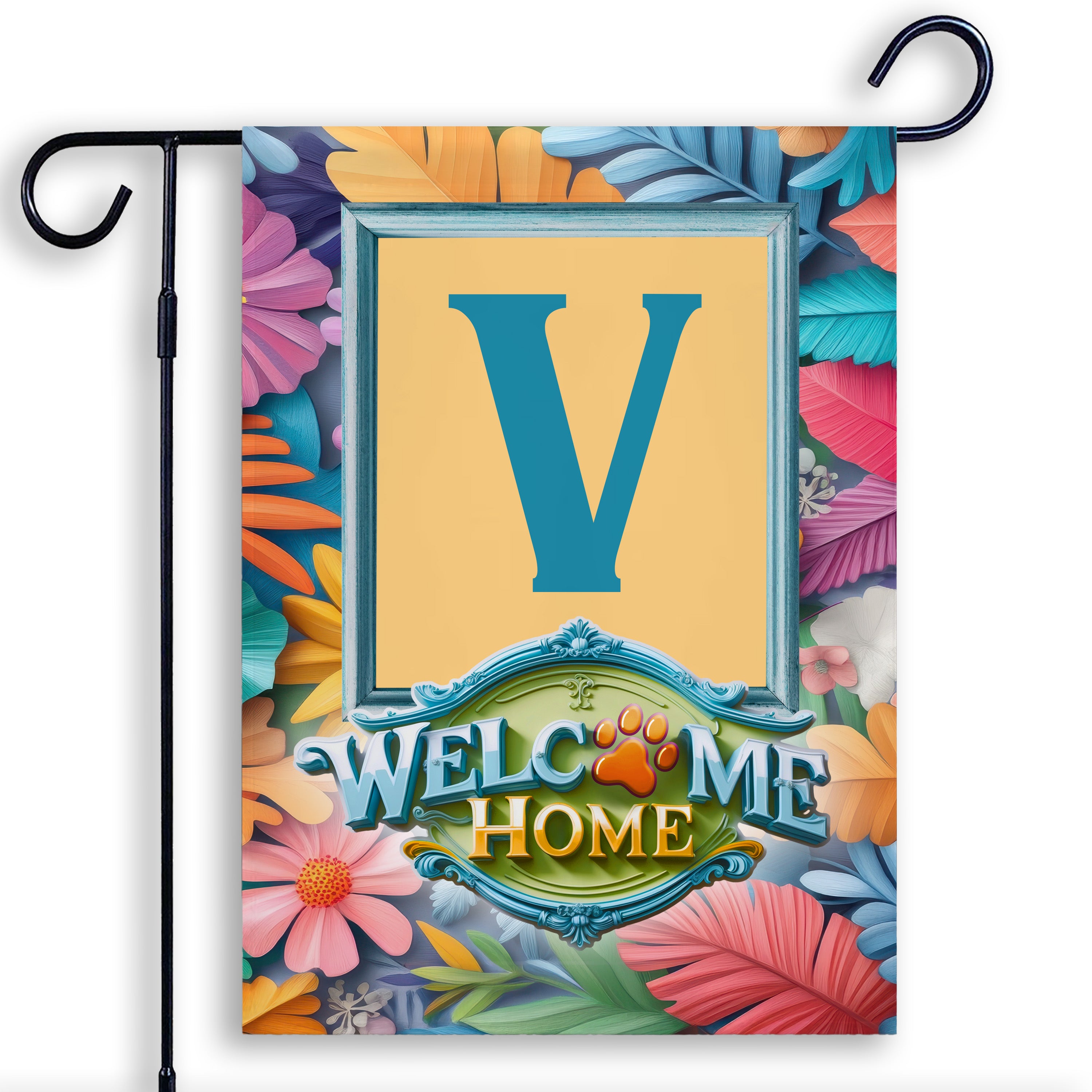 Welcome, Welcome Home Floral, Monogram, Garden Flag