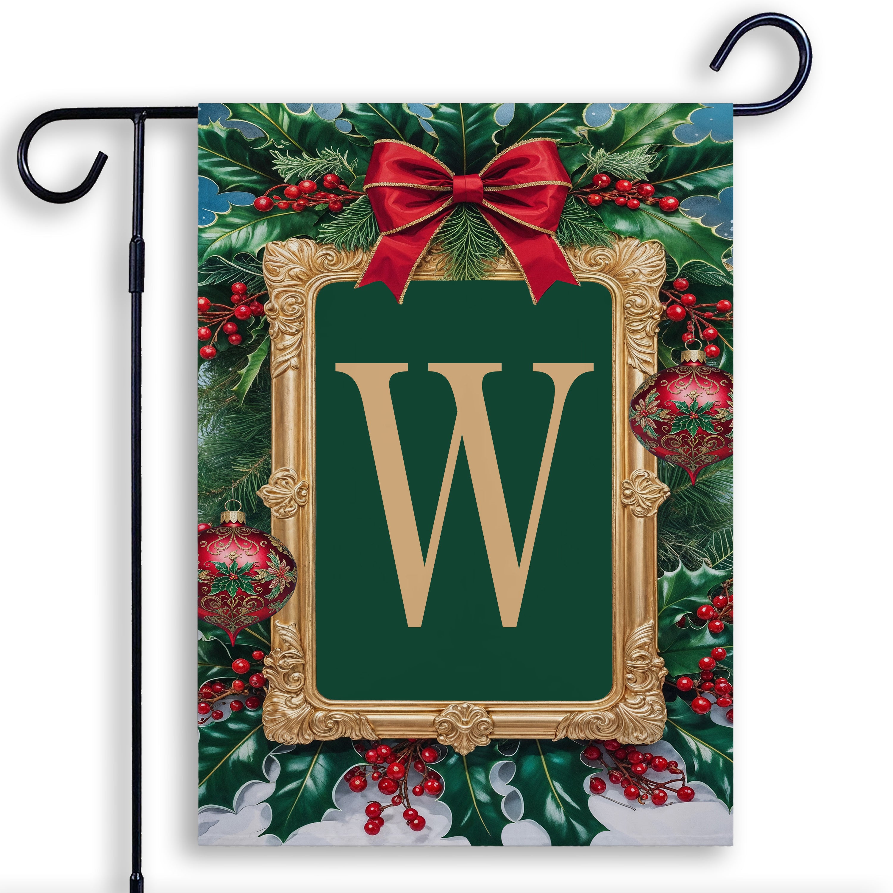 Christmas, Holly Berries Frame, Monogram, Garden Flag