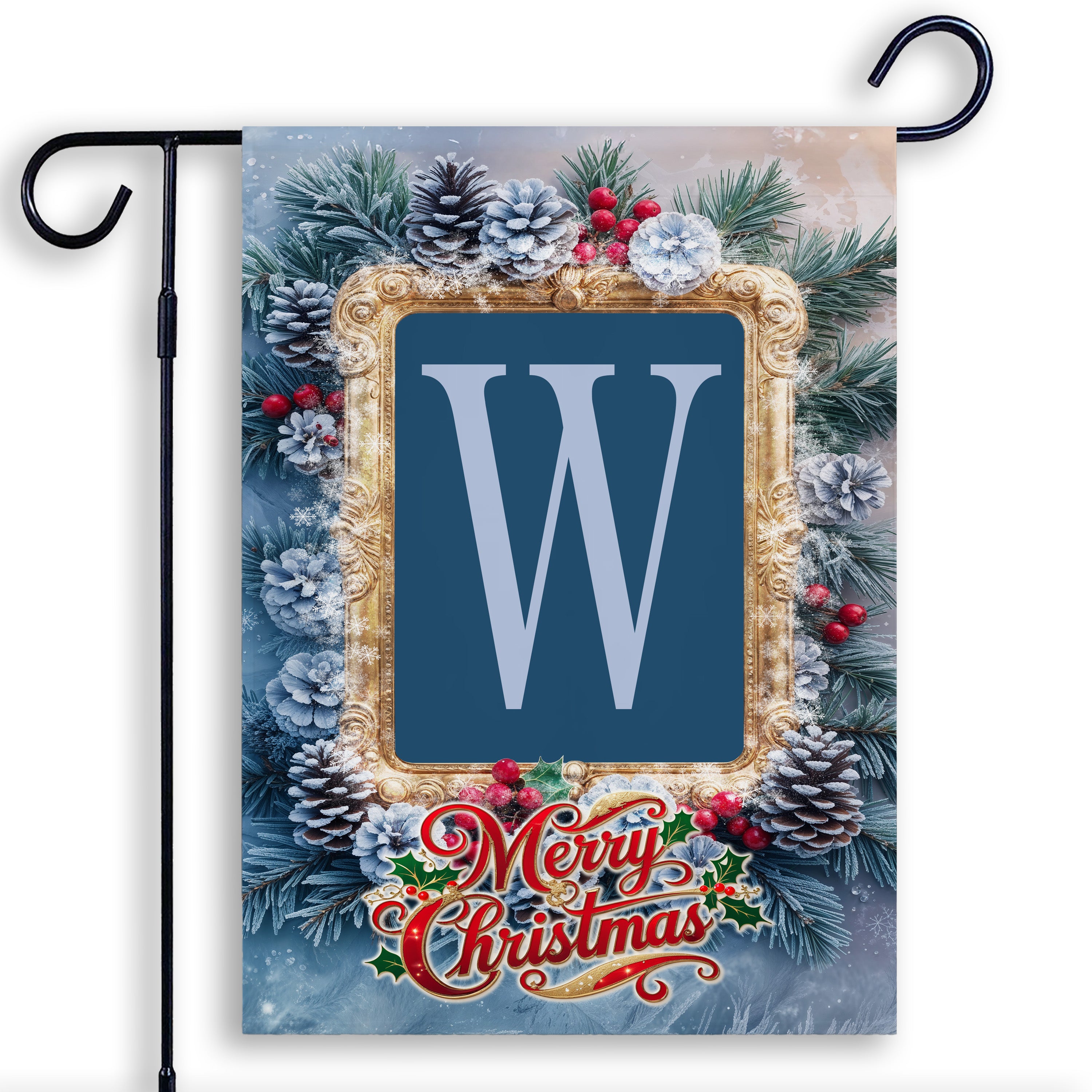 Christmas, Snowy Pine Cones, Monogram, Garden Flag