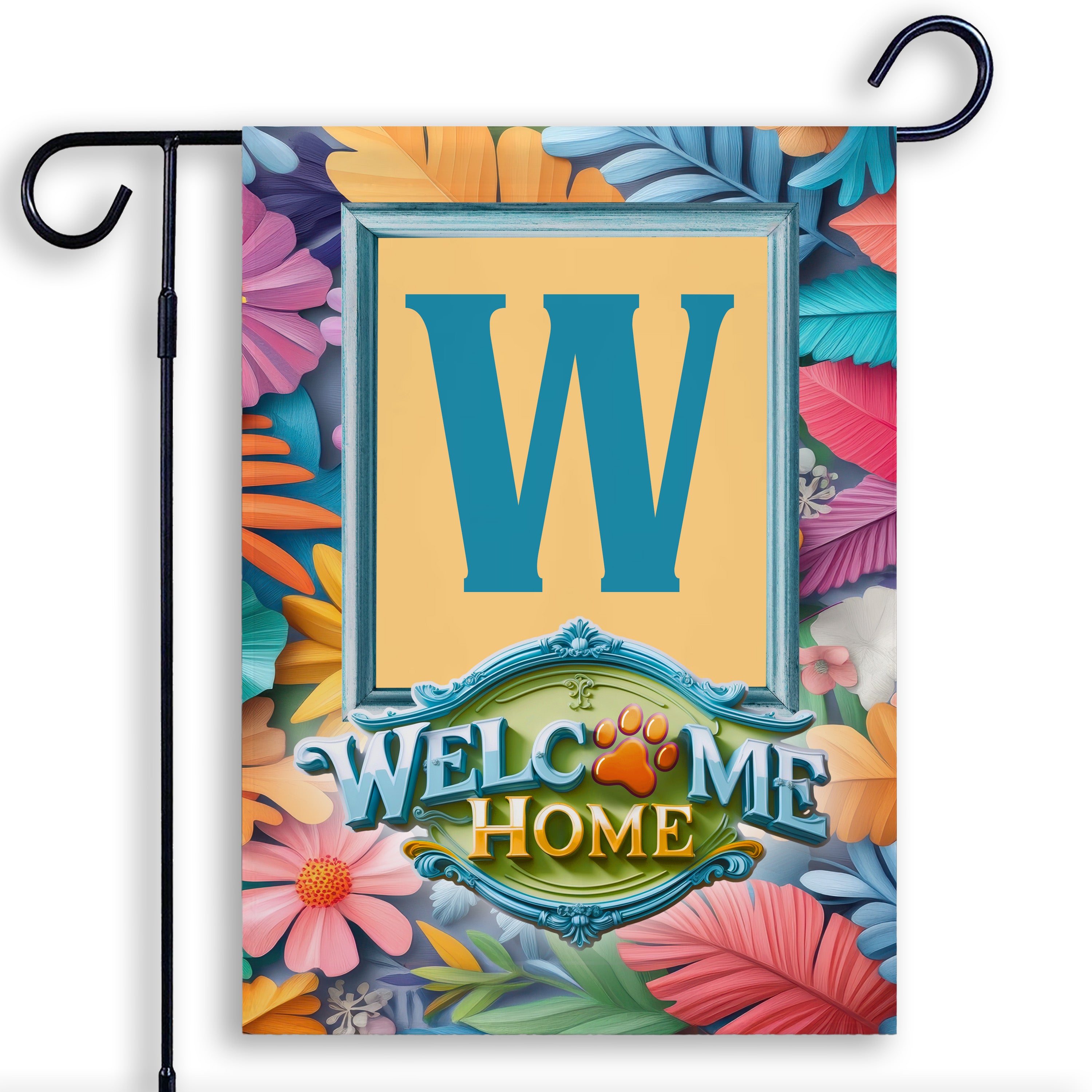 Welcome, Welcome Home Floral, Monogram, Garden Flag