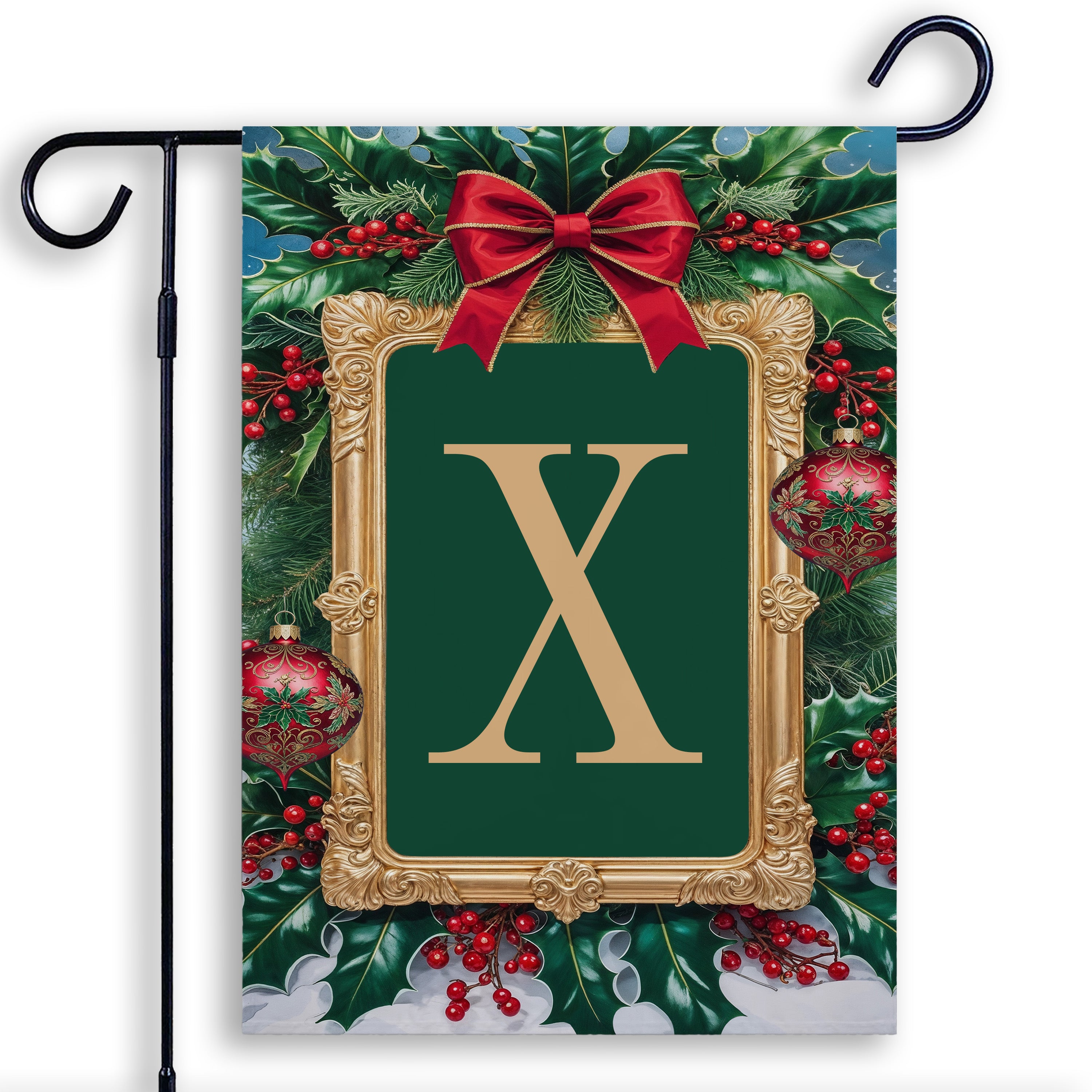 Christmas, Holly Berries Frame, Monogram, Garden Flag