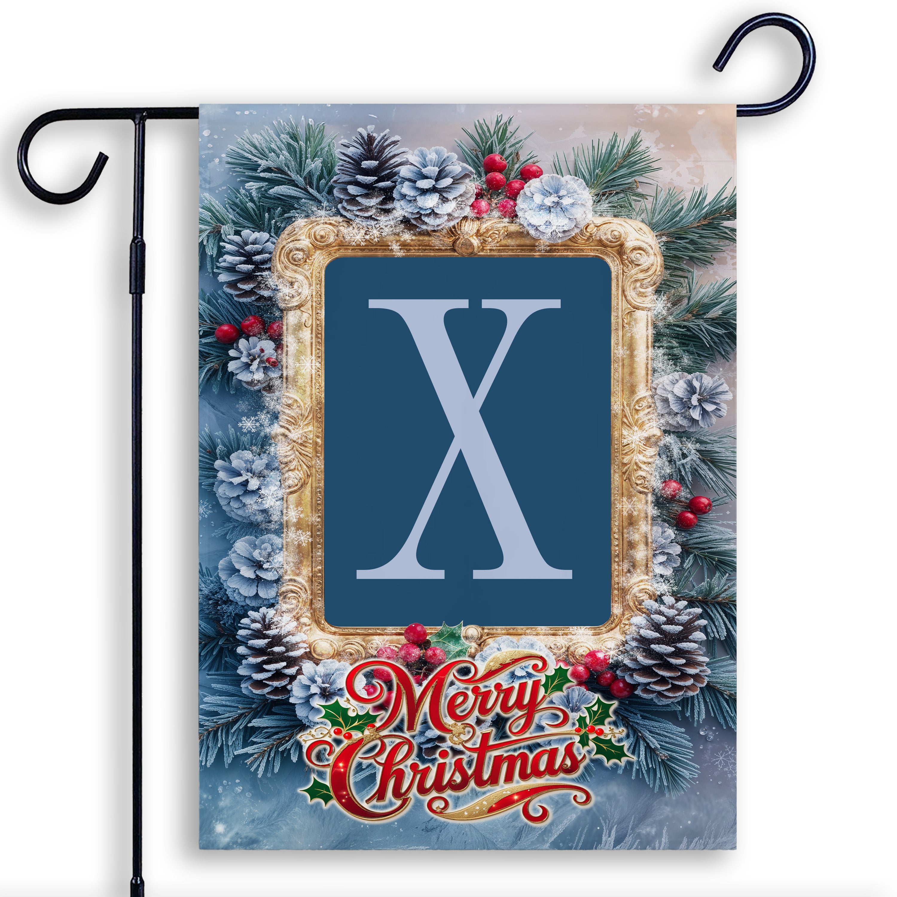 Christmas, Snowy Pine Cones, Monogram, Garden Flag