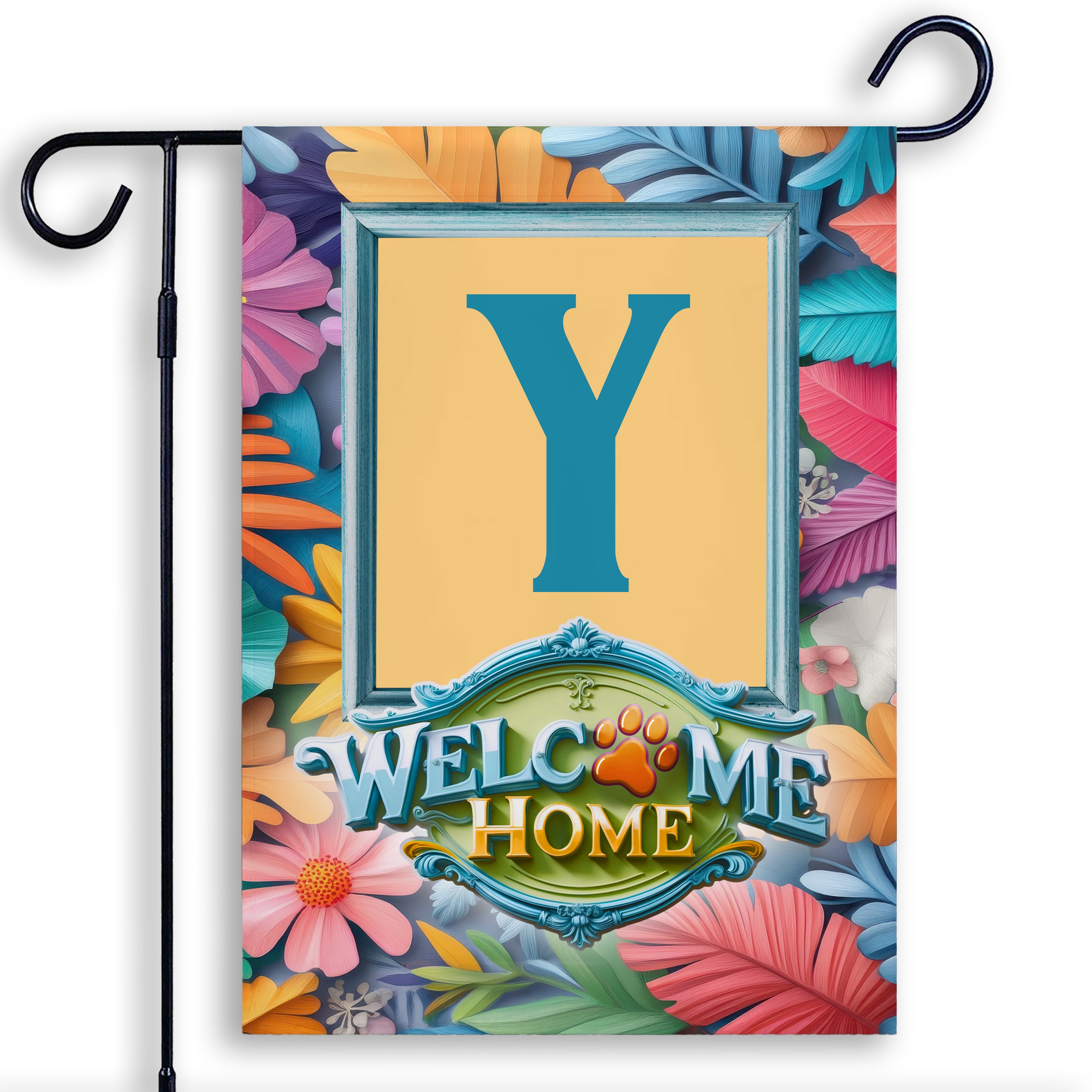 Welcome, Welcome Home Floral, Monogram, Garden Flag