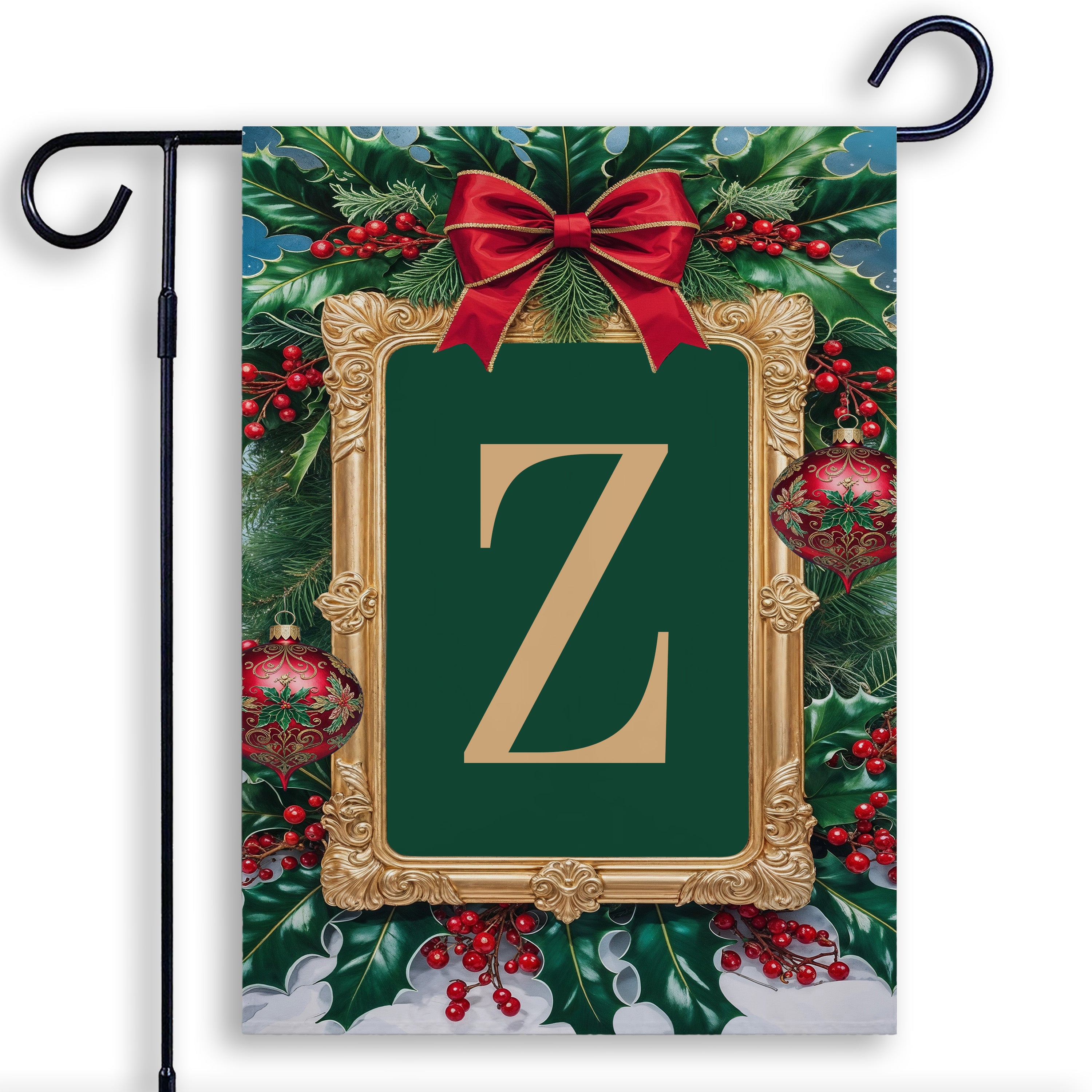 Christmas, Holly Berries Frame, Monogram, Garden Flag