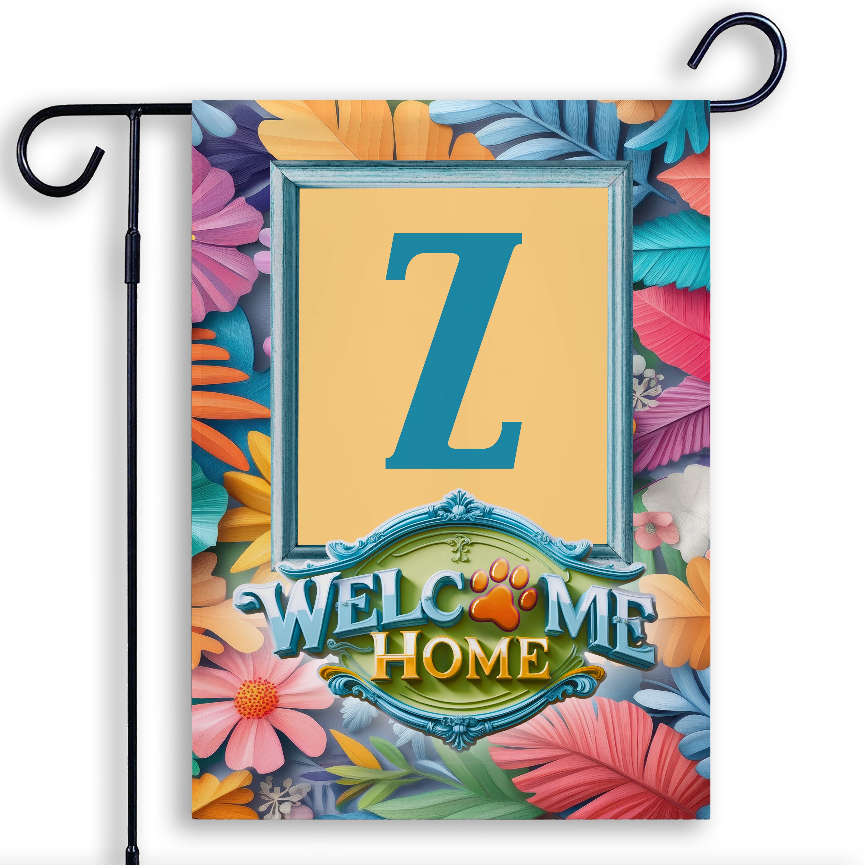 Welcome, Welcome Home Floral, Monogram, Garden Flag
