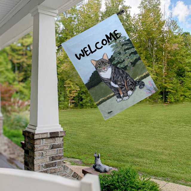 Grey Tabby Cat House Flag