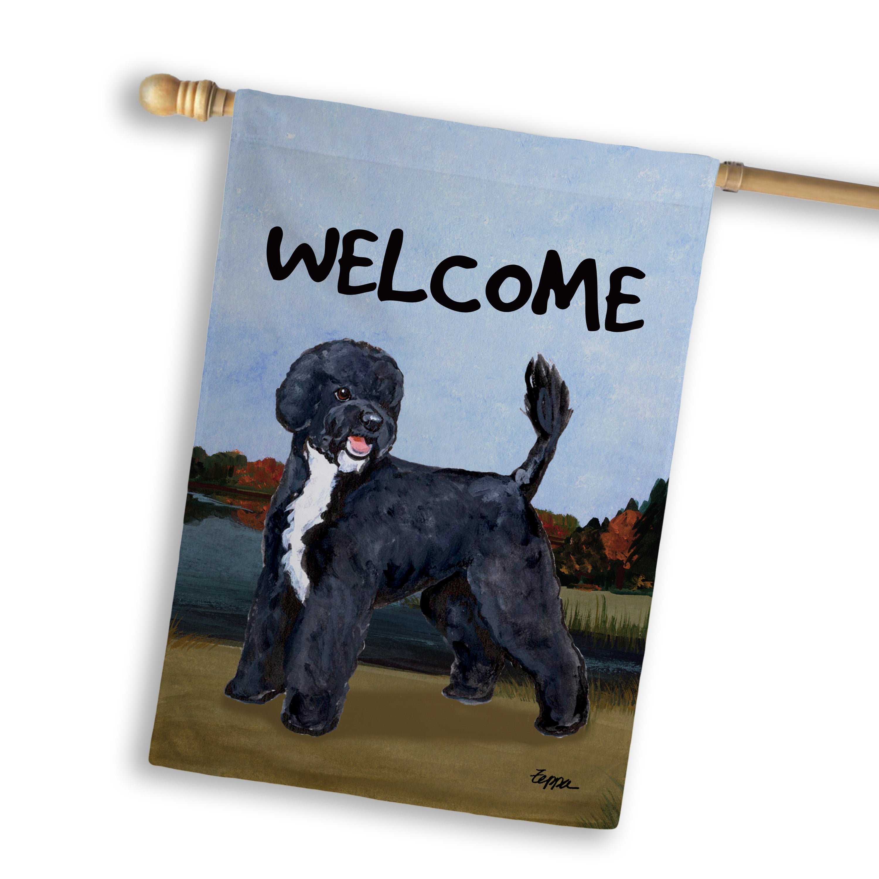 Portuguese Water Dog Black House Flag