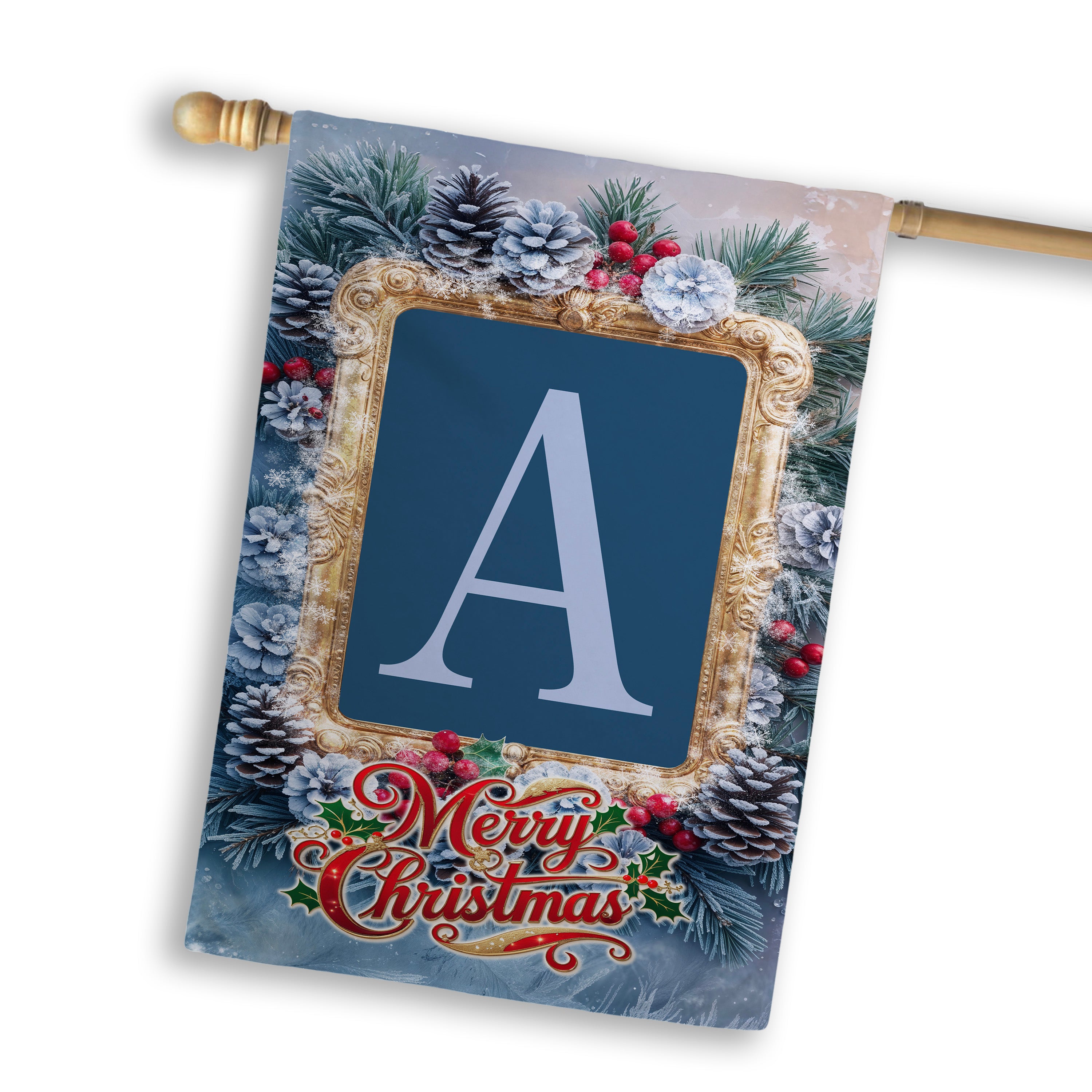 Christmas, Snowy Pine Cones, Monogram, House Flag