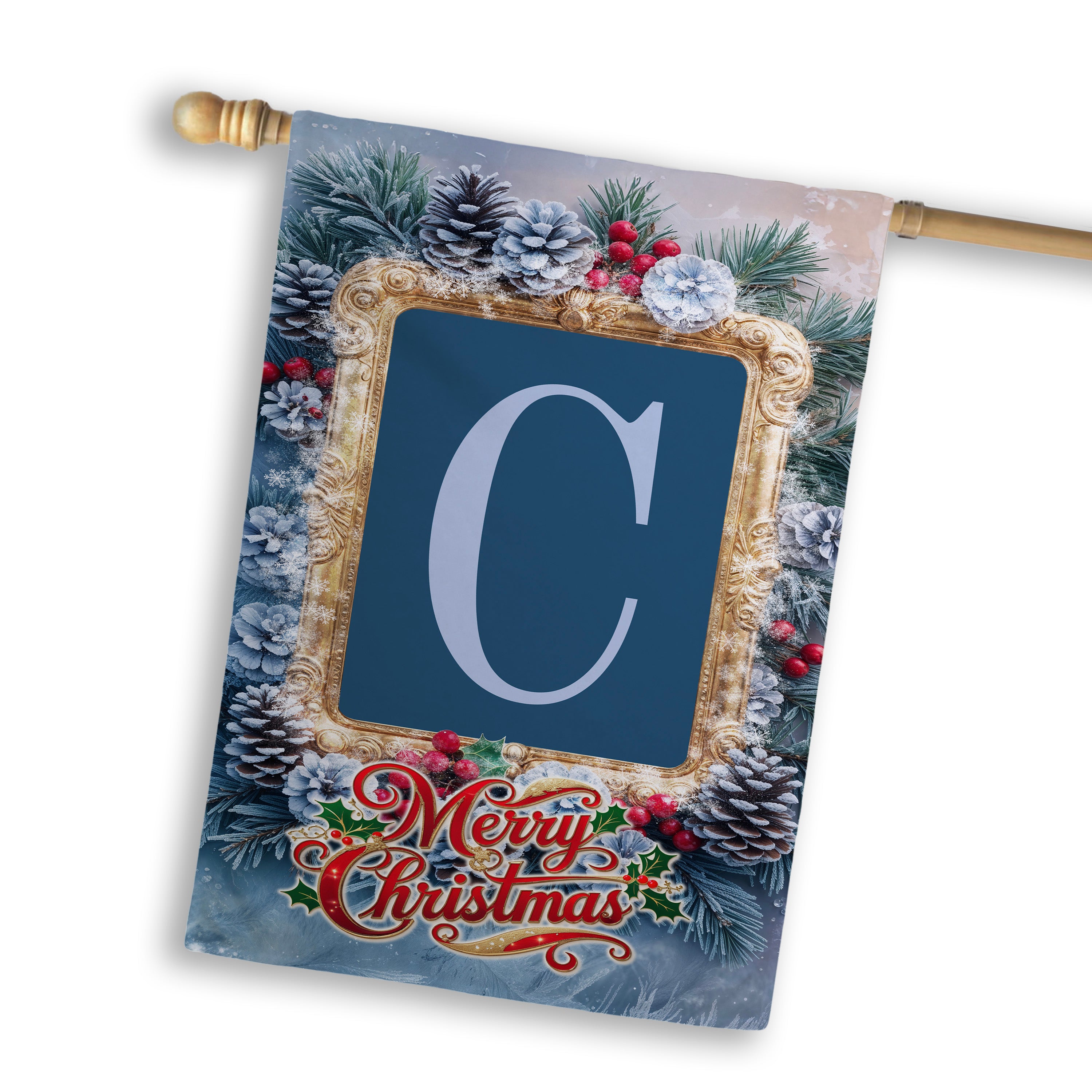Christmas, Snowy Pine Cones, Monogram, House Flag
