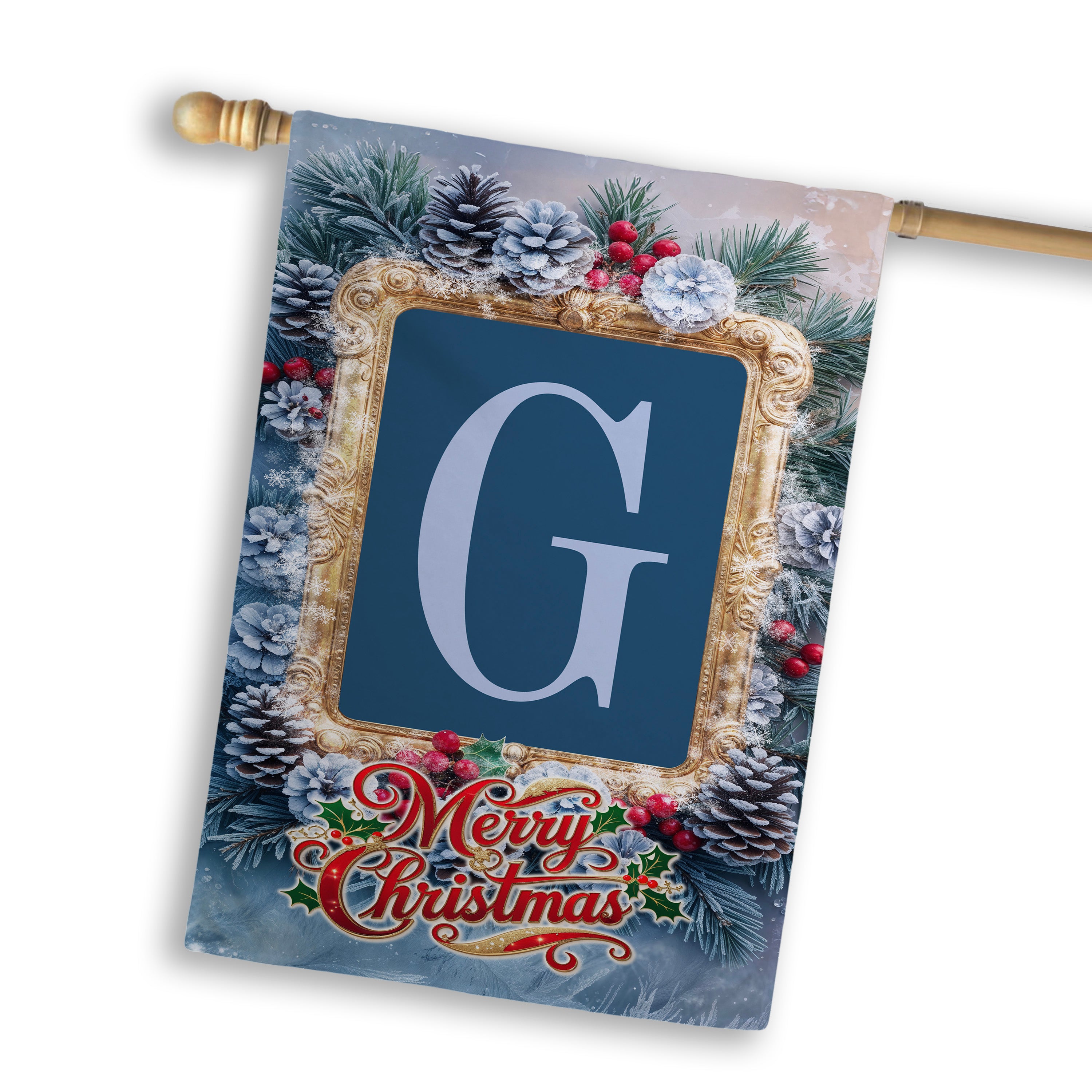 Christmas, Snowy Pine Cones, Monogram, House Flag