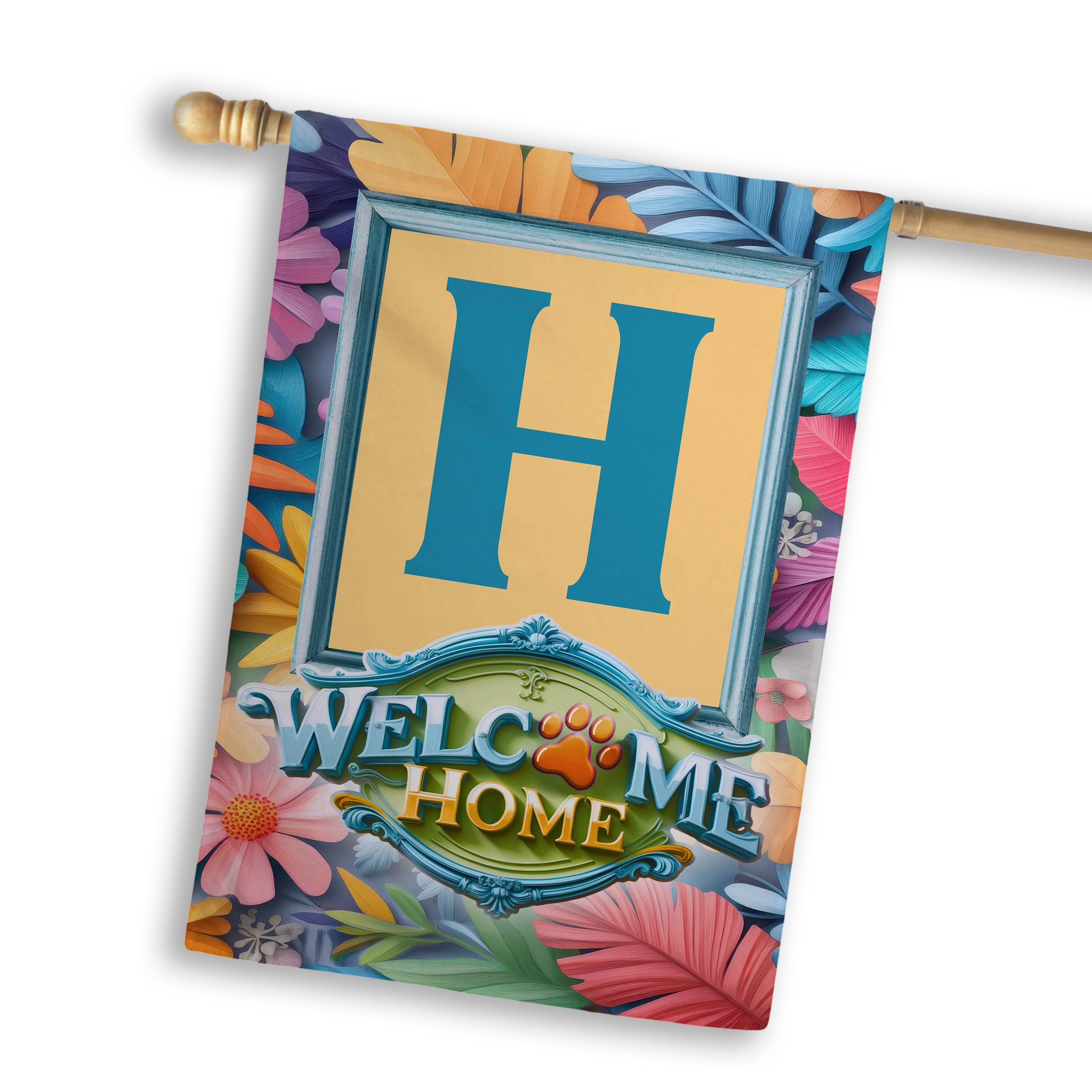 Welcome, Welcome Home Floral, Monogram, House Flag