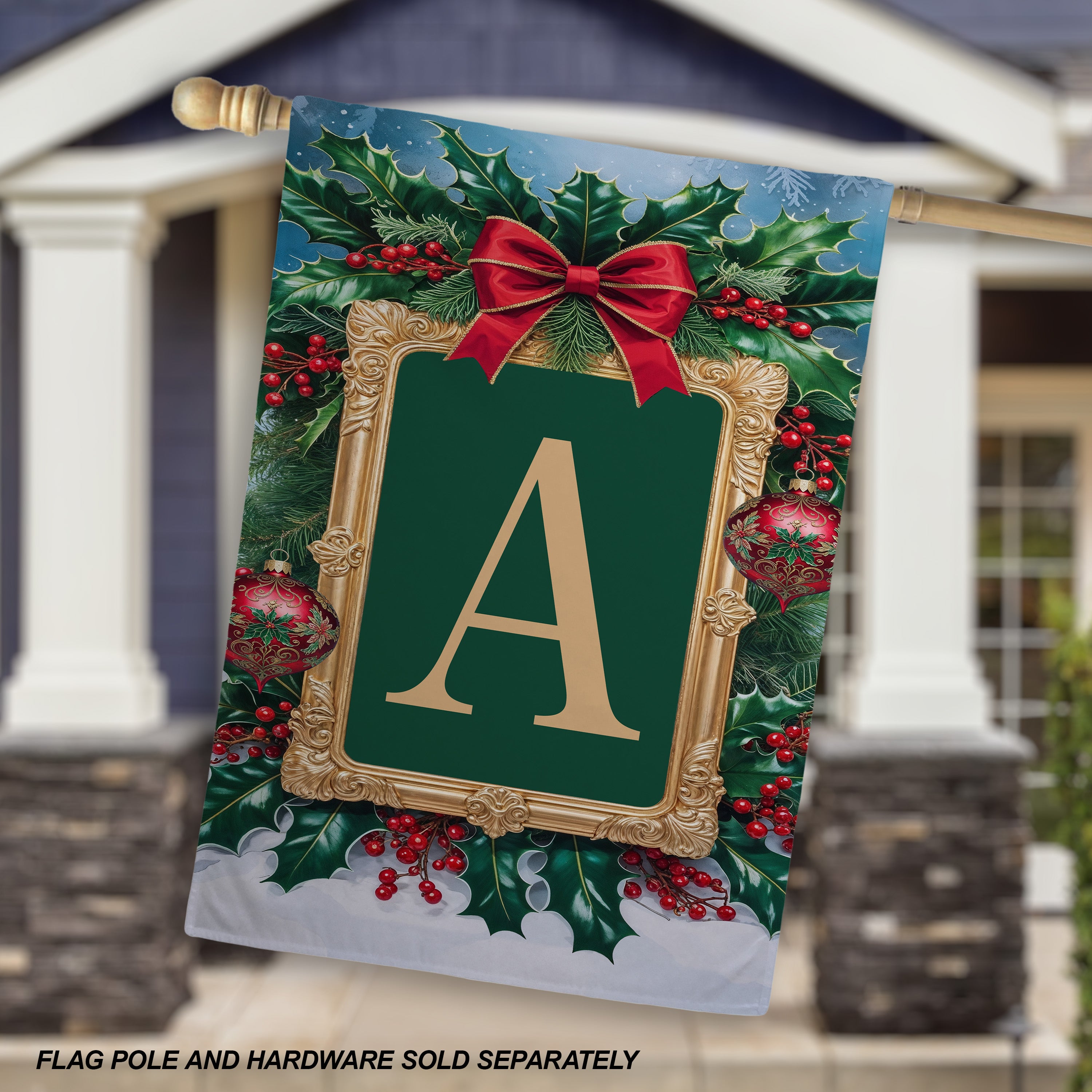 Christmas, Holly Berries Frame, Monogram, House Flag