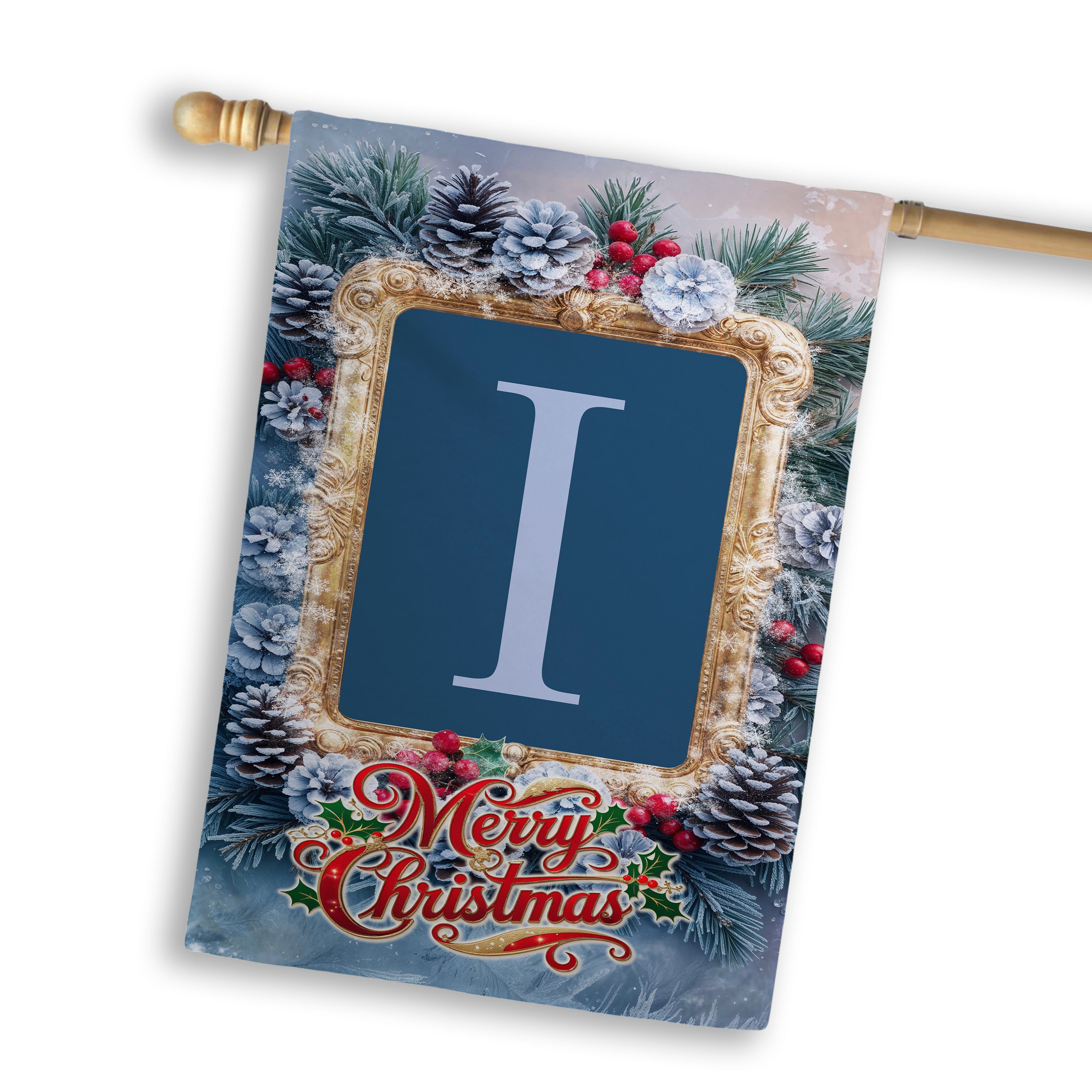 Christmas, Snowy Pine Cones, Monogram, House Flag