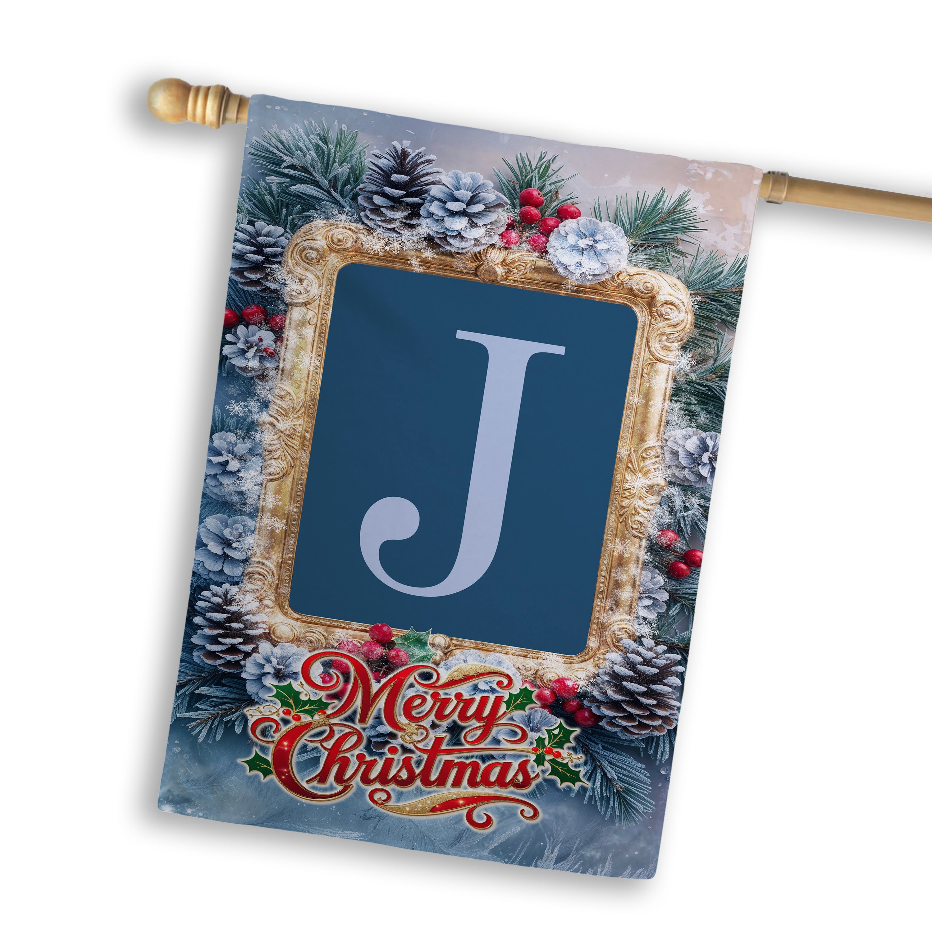 Christmas, Snowy Pine Cones, Monogram, House Flag