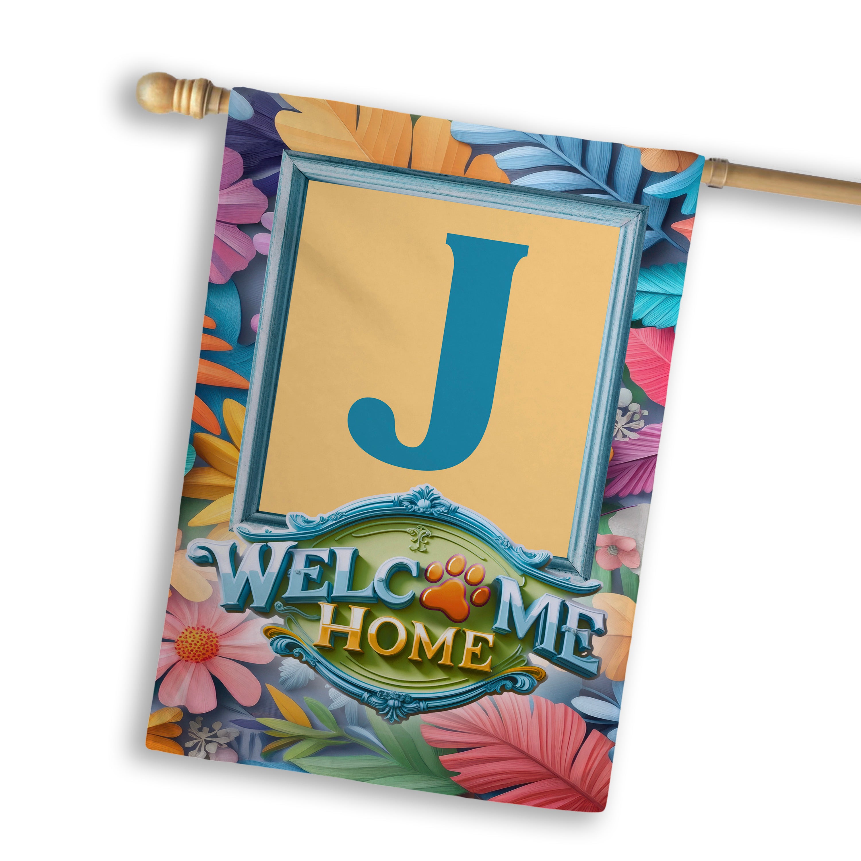 Welcome, Welcome Home Floral, Monogram, House Flag