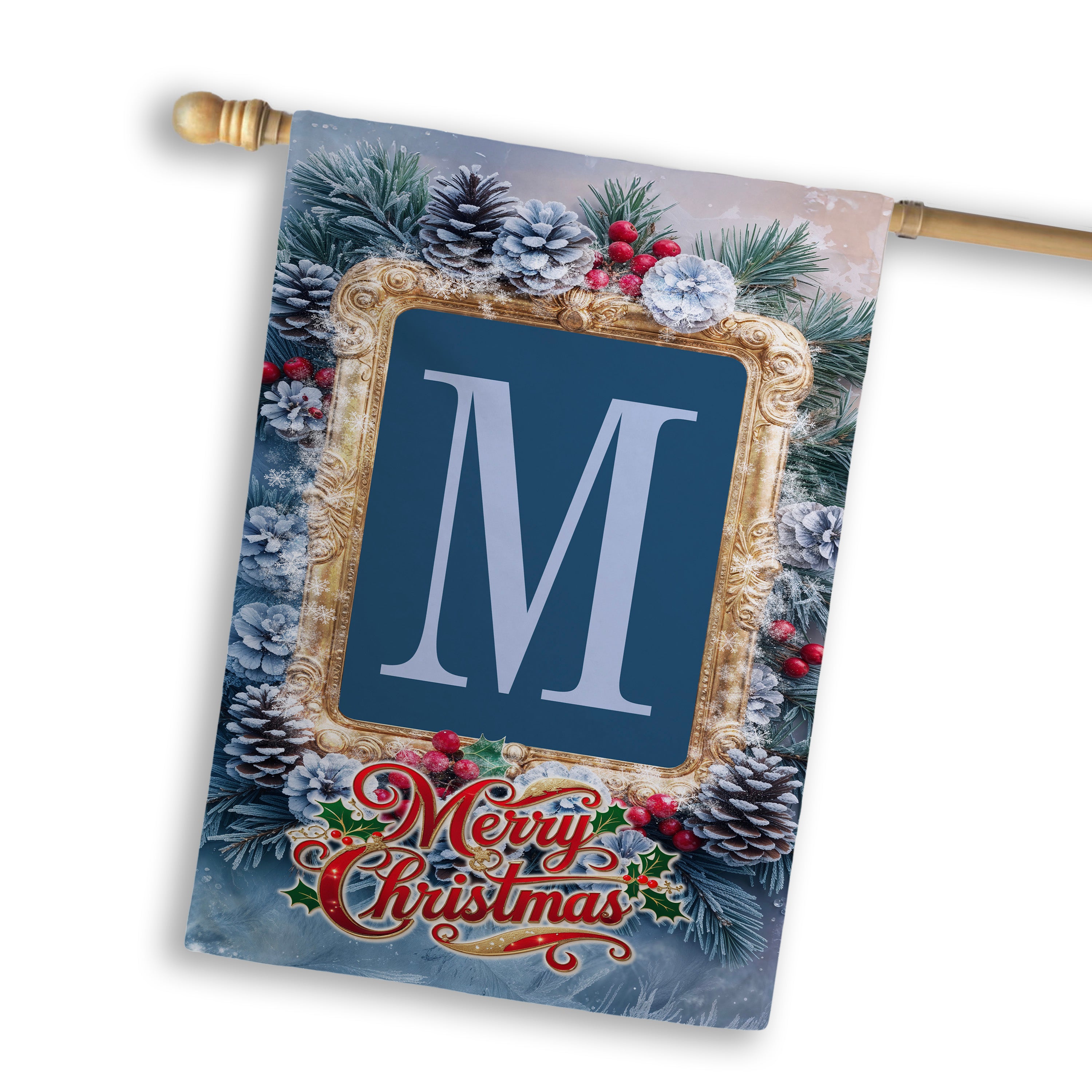 Christmas, Snowy Pine Cones, Monogram, House Flag