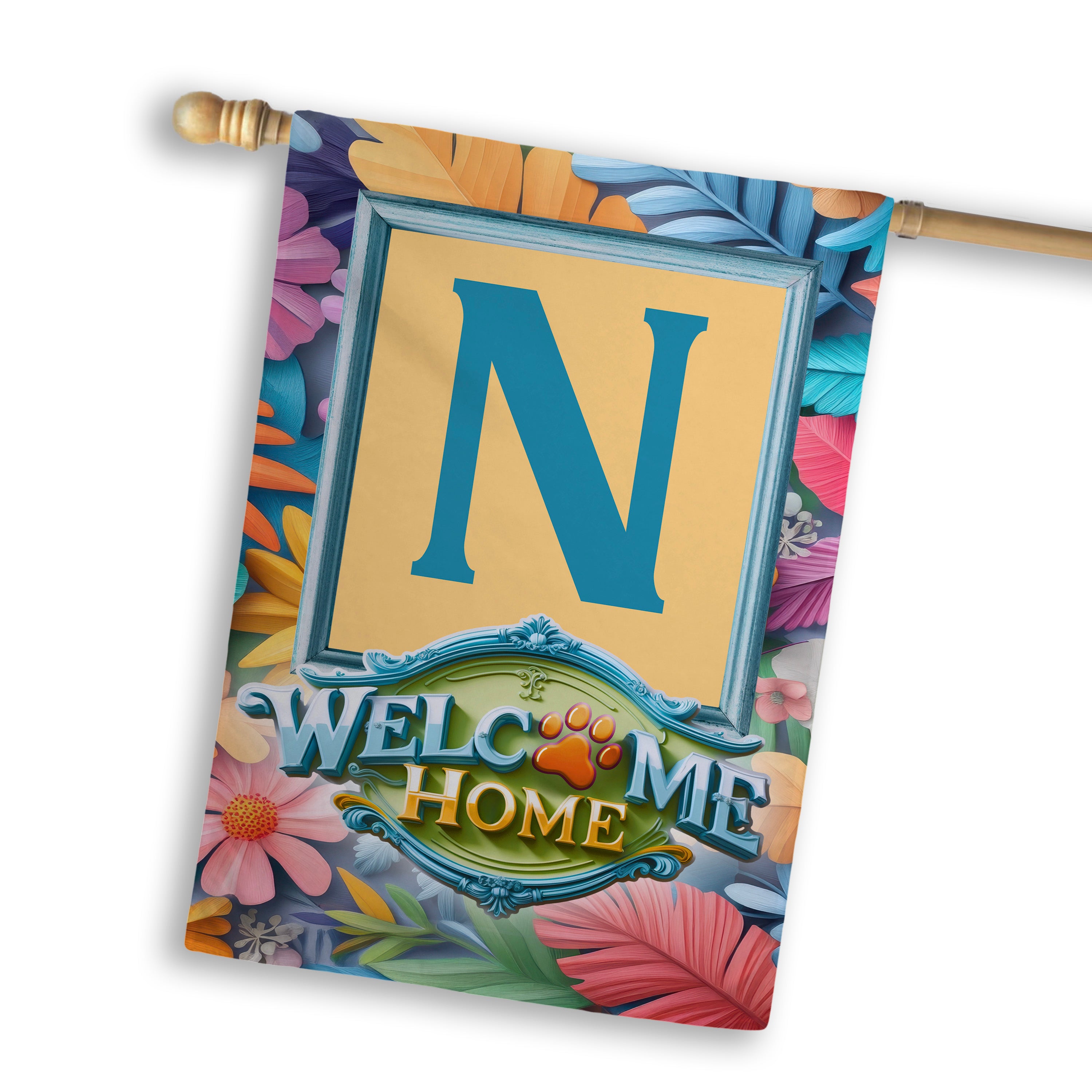 Welcome, Welcome Home Floral, Monogram, House Flag