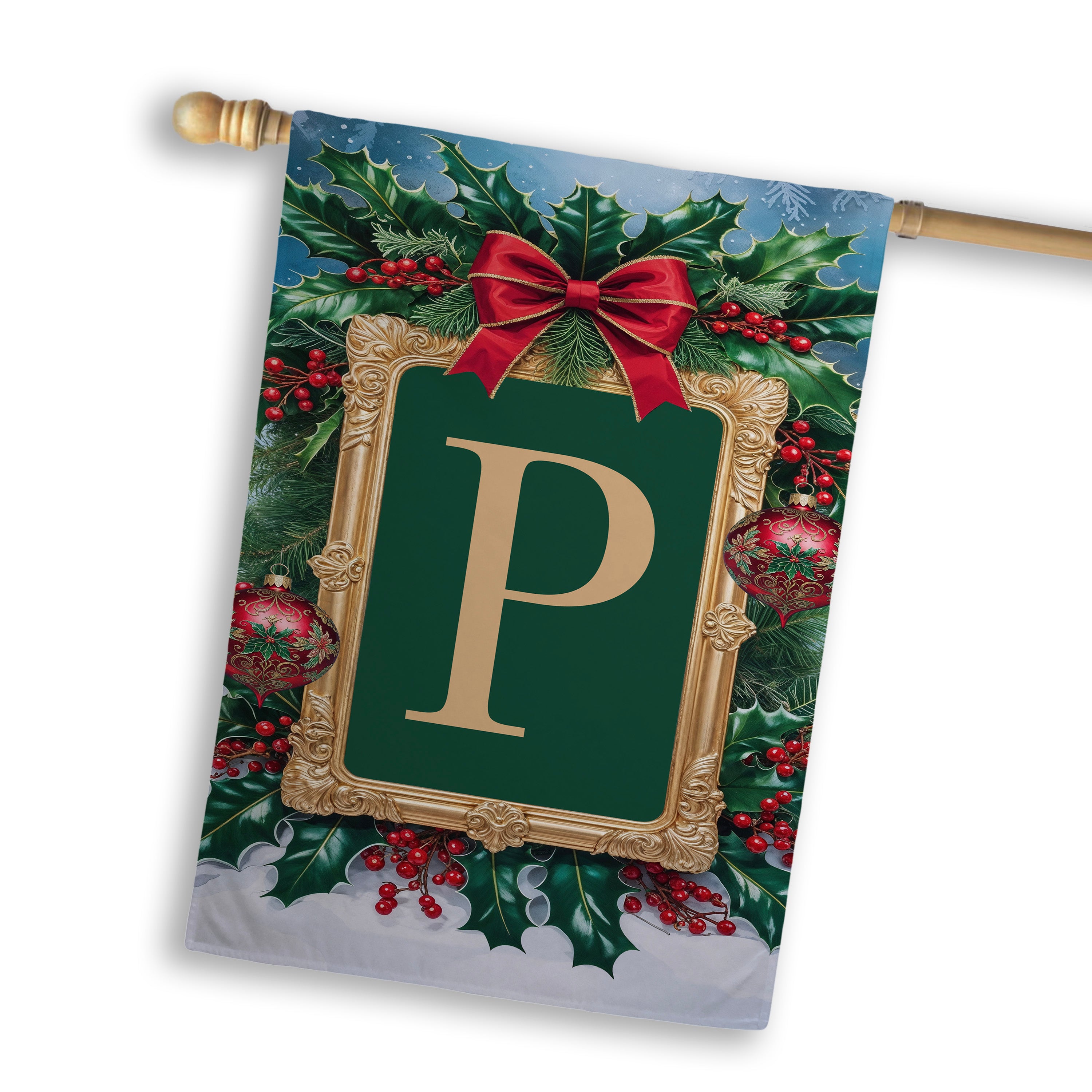 Christmas, Holly Berries Frame, Monogram, House Flag