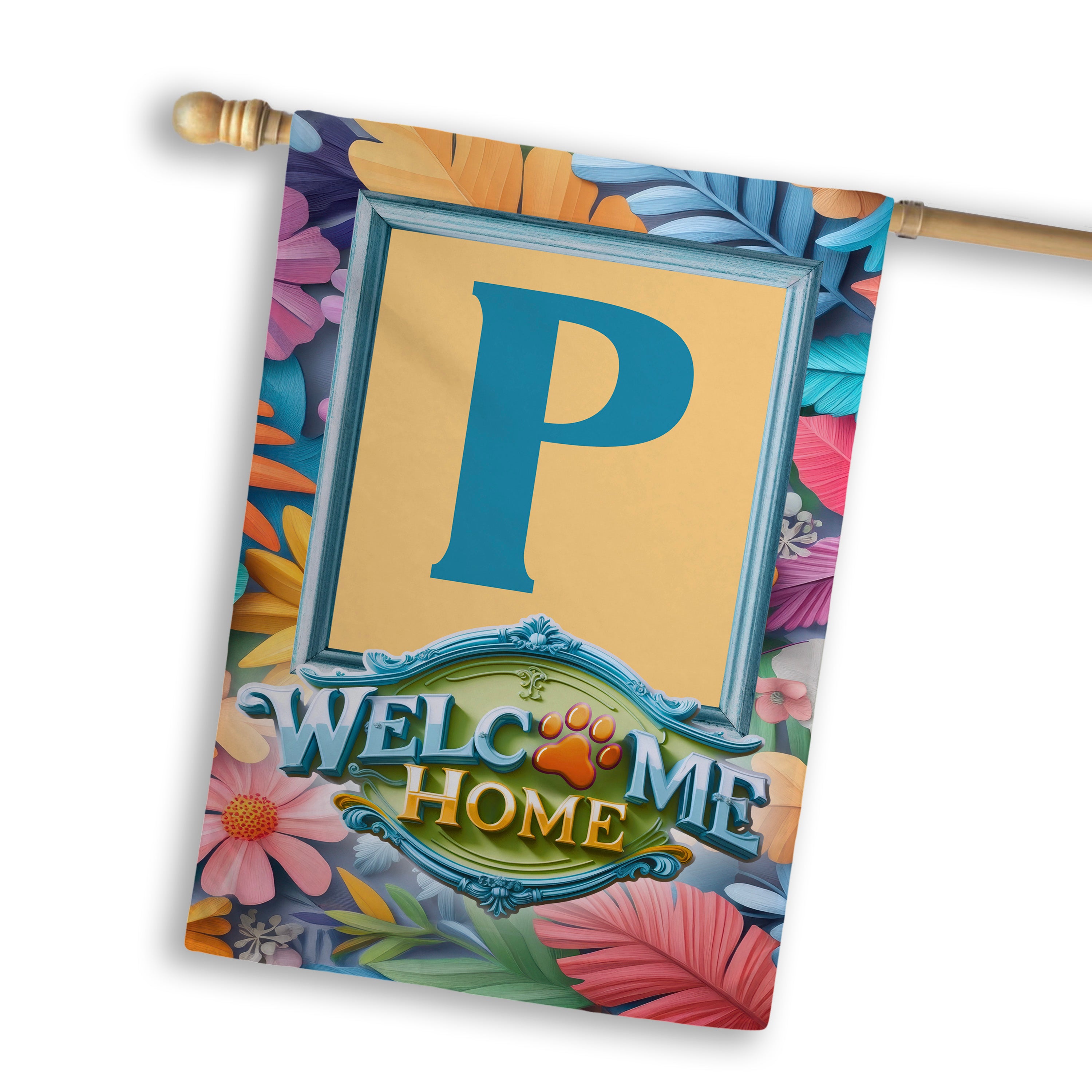 Welcome, Welcome Home Floral, Monogram, House Flag
