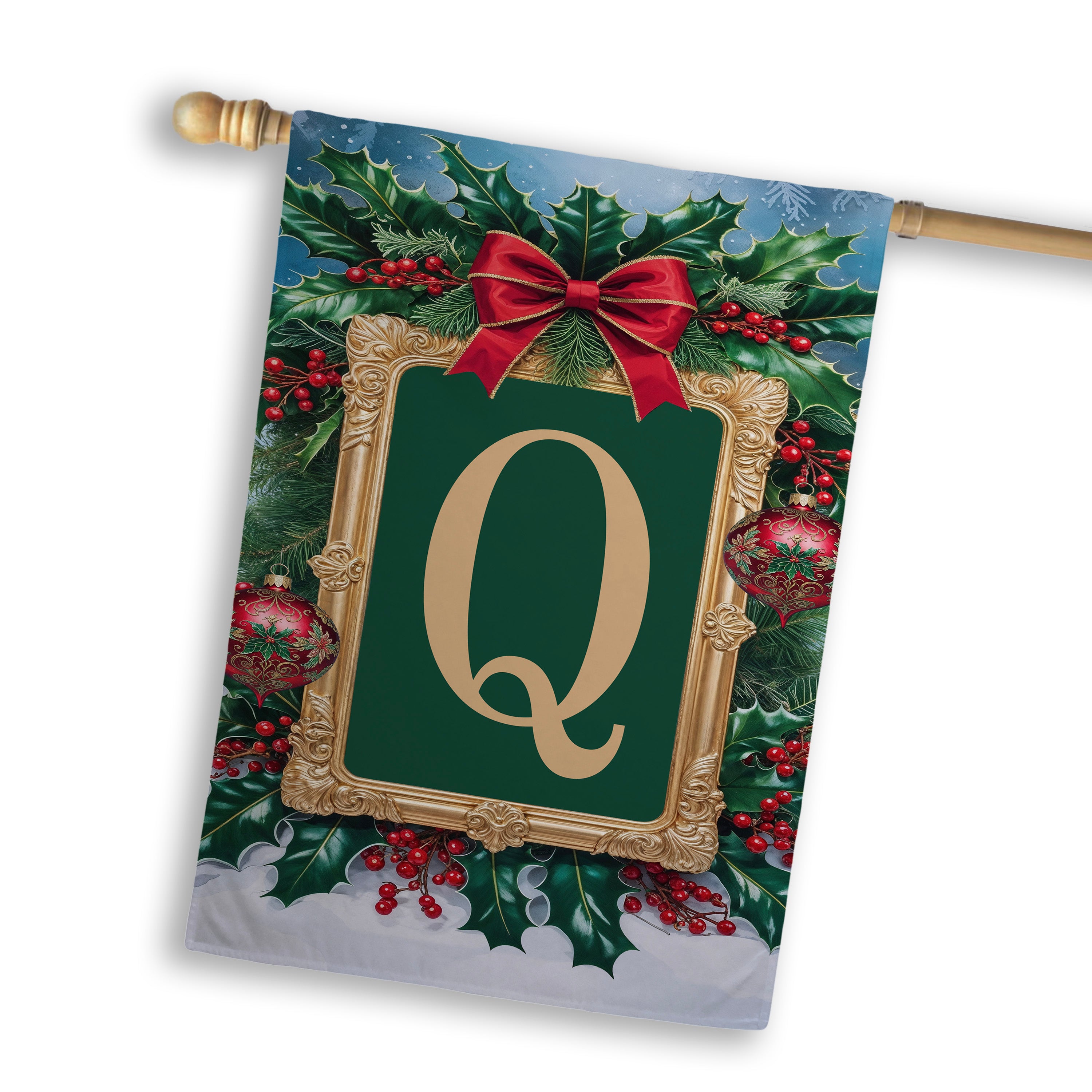 Christmas, Holly Berries Frame, Monogram, House Flag