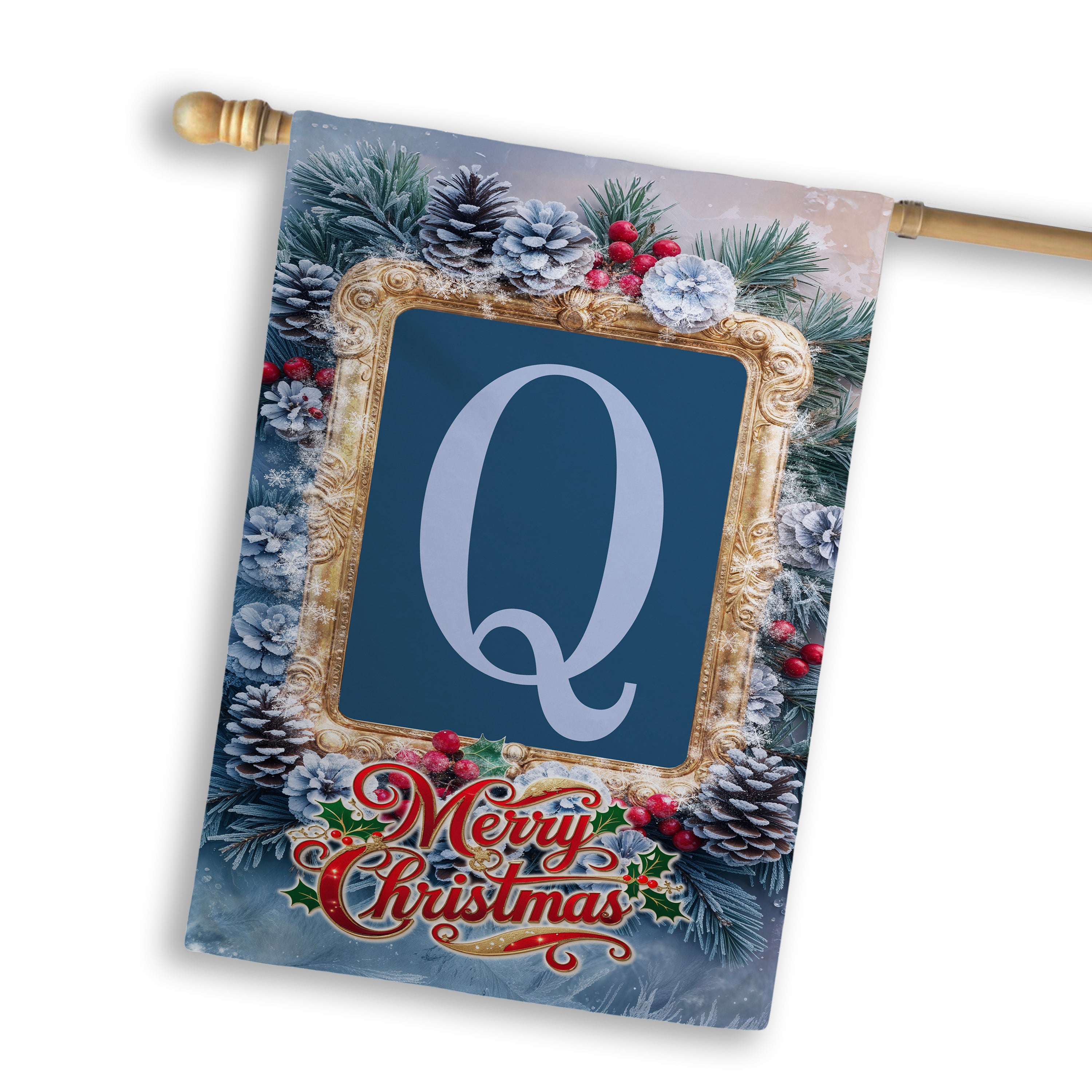 Christmas, Snowy Pine Cones, Monogram, House Flag