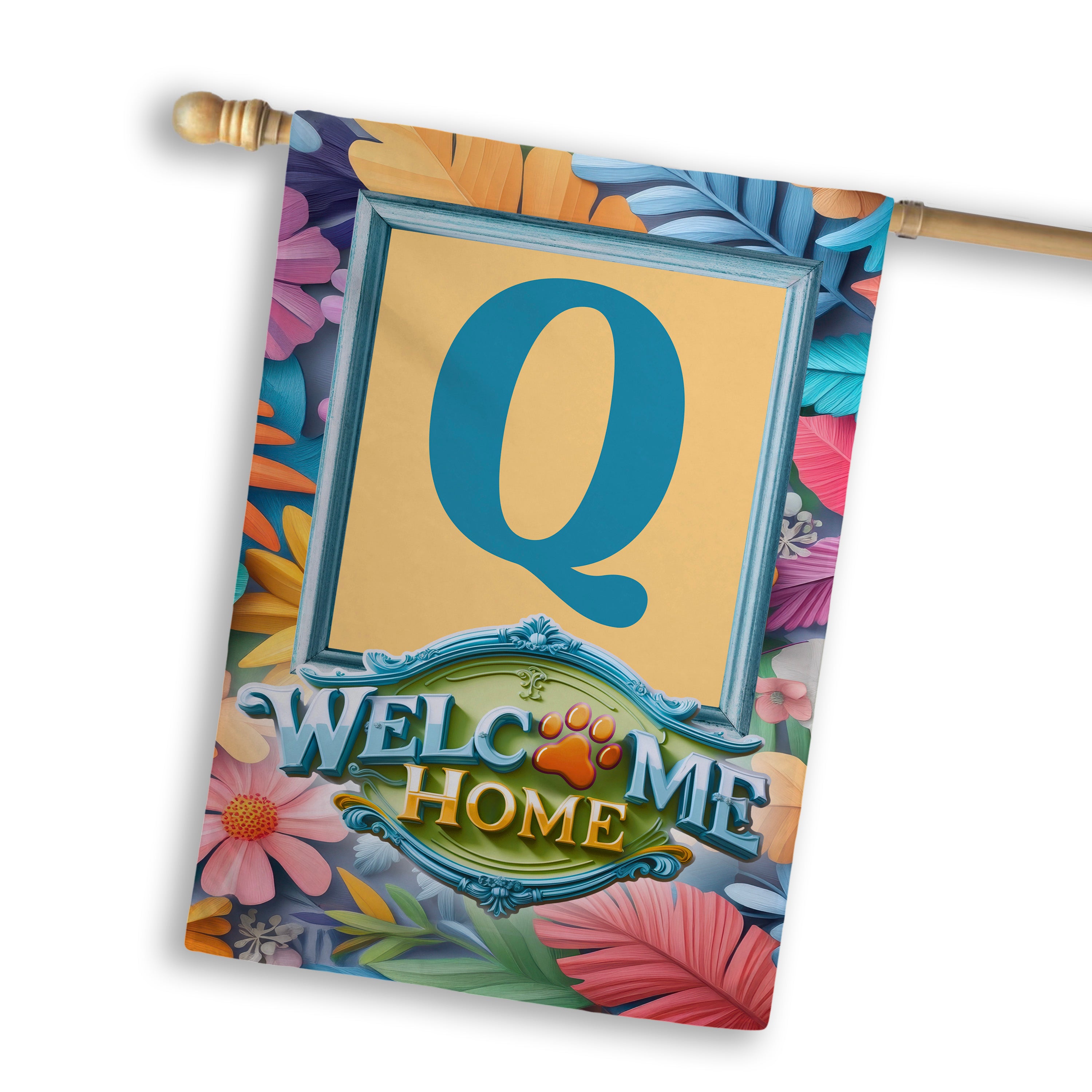 Welcome, Welcome Home Floral, Monogram, House Flag