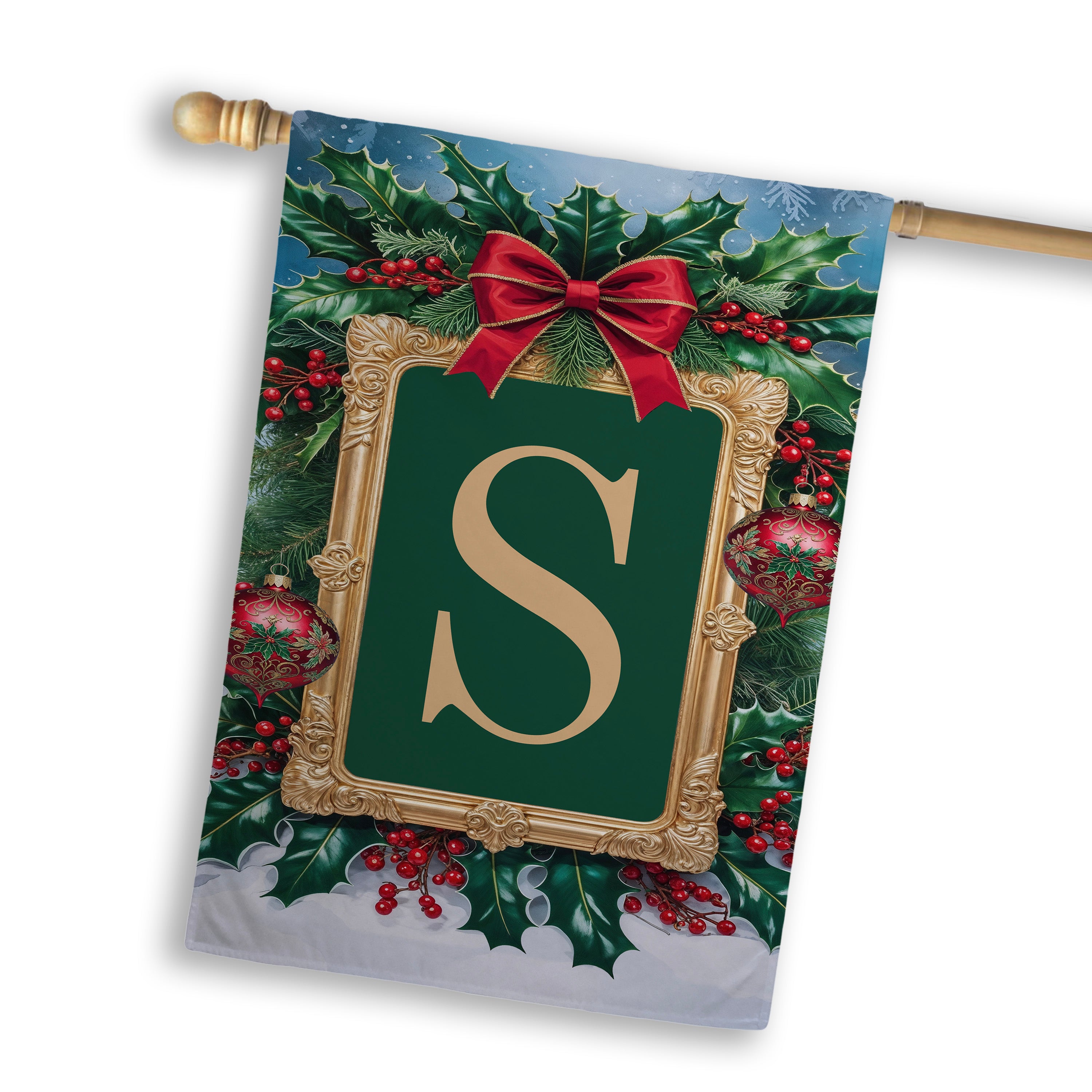 Christmas, Holly Berries Frame, Monogram, House Flag