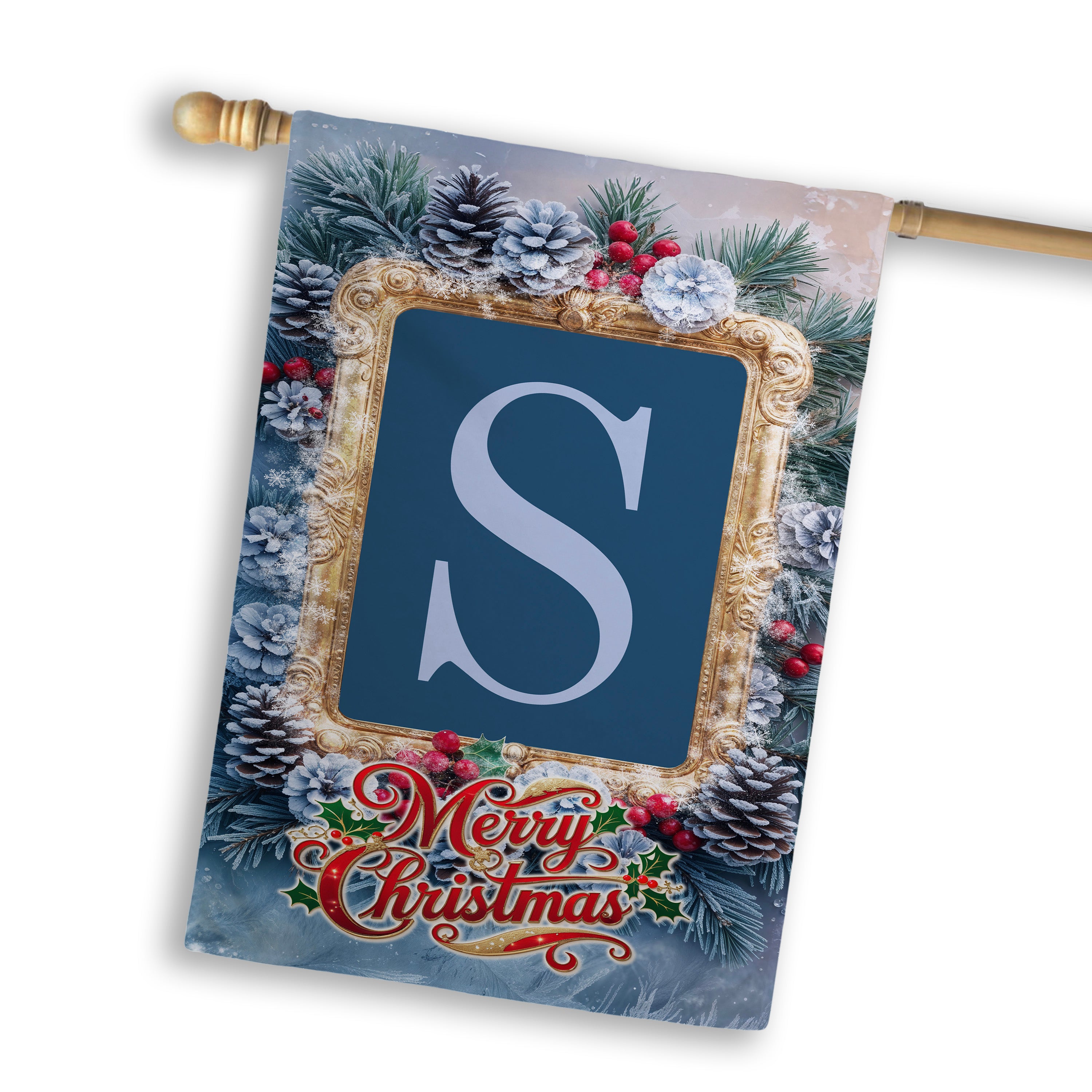 Christmas, Snowy Pine Cones, Monogram, House Flag