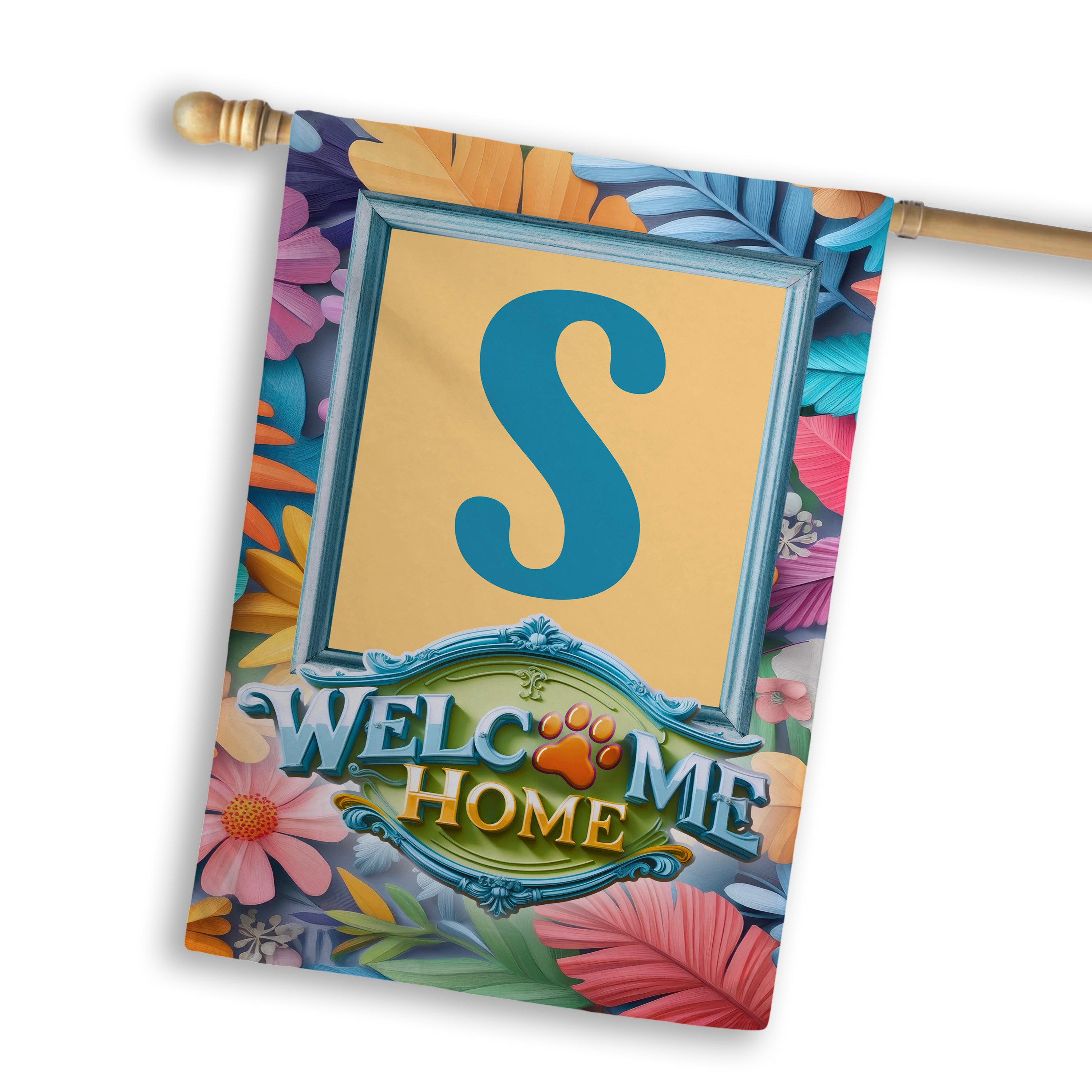 Welcome, Welcome Home Floral, Monogram, House Flag