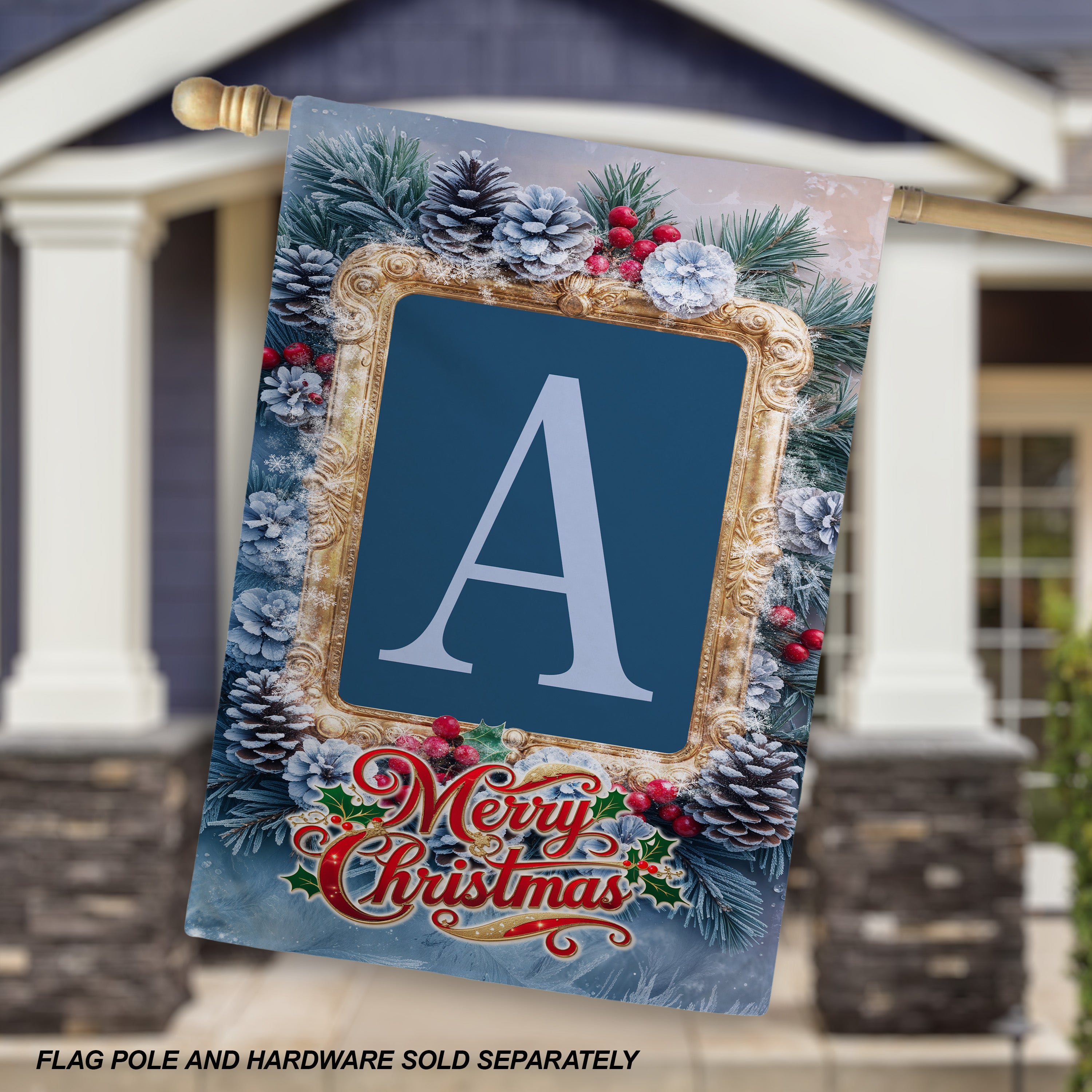Christmas, Snowy Pine Cones, Monogram, House Flag