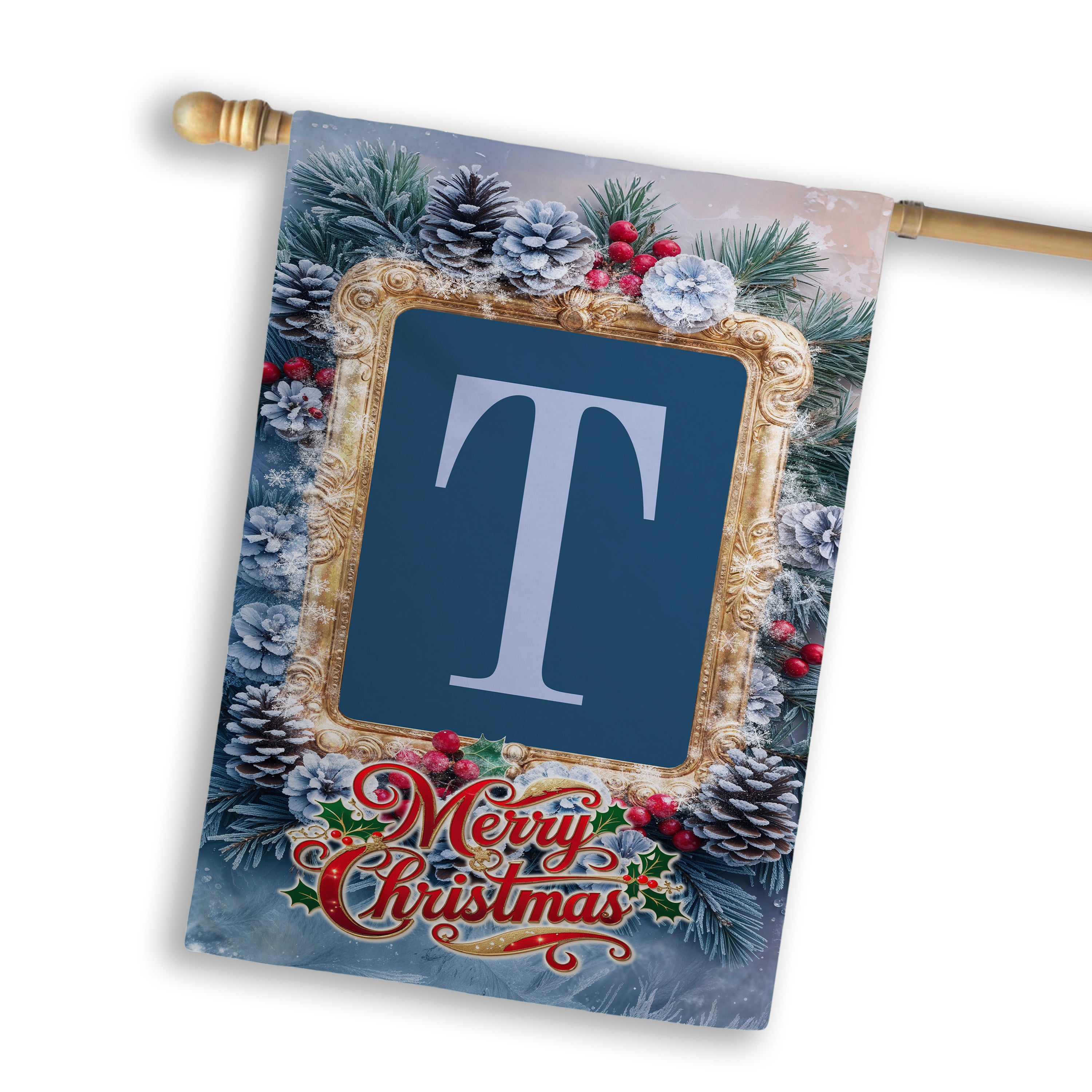Christmas, Snowy Pine Cones, Monogram, House Flag
