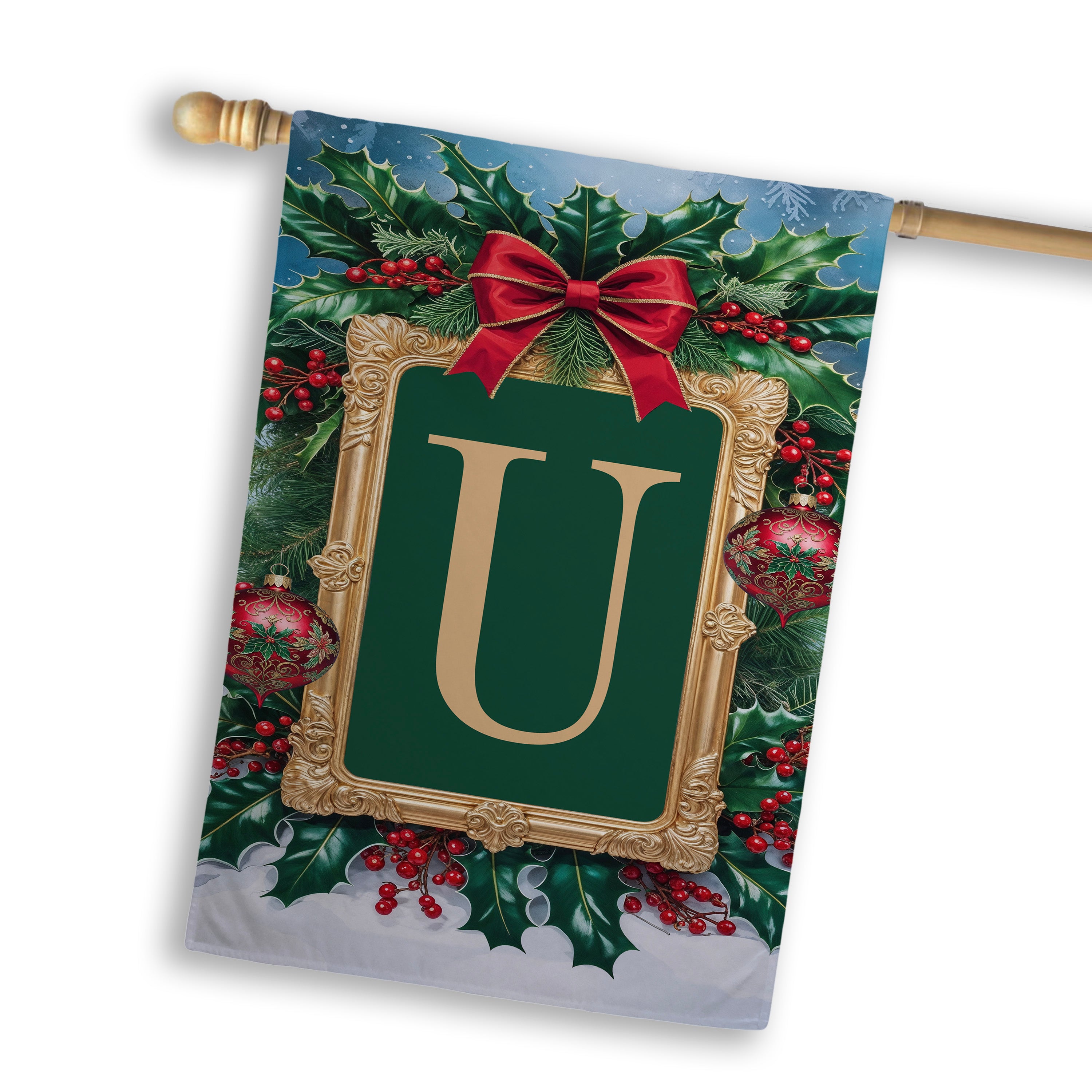 Christmas, Holly Berries Frame, Monogram, House Flag
