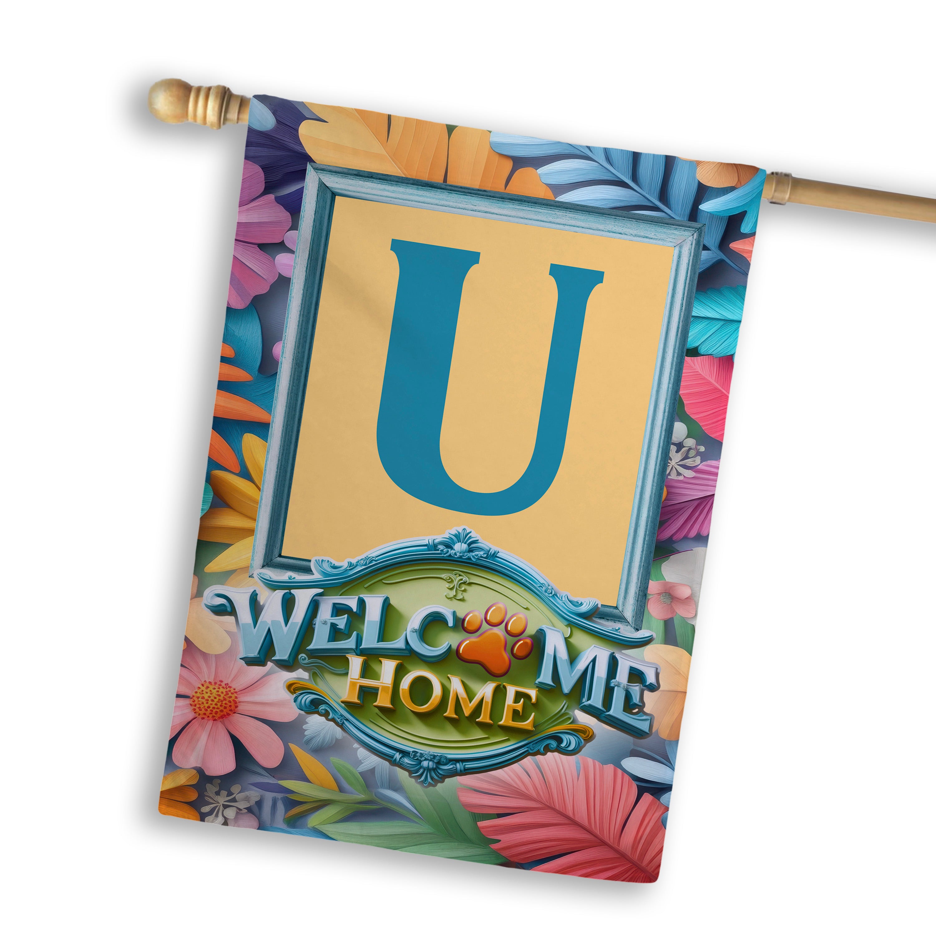 Welcome, Welcome Home Floral, Monogram, House Flag