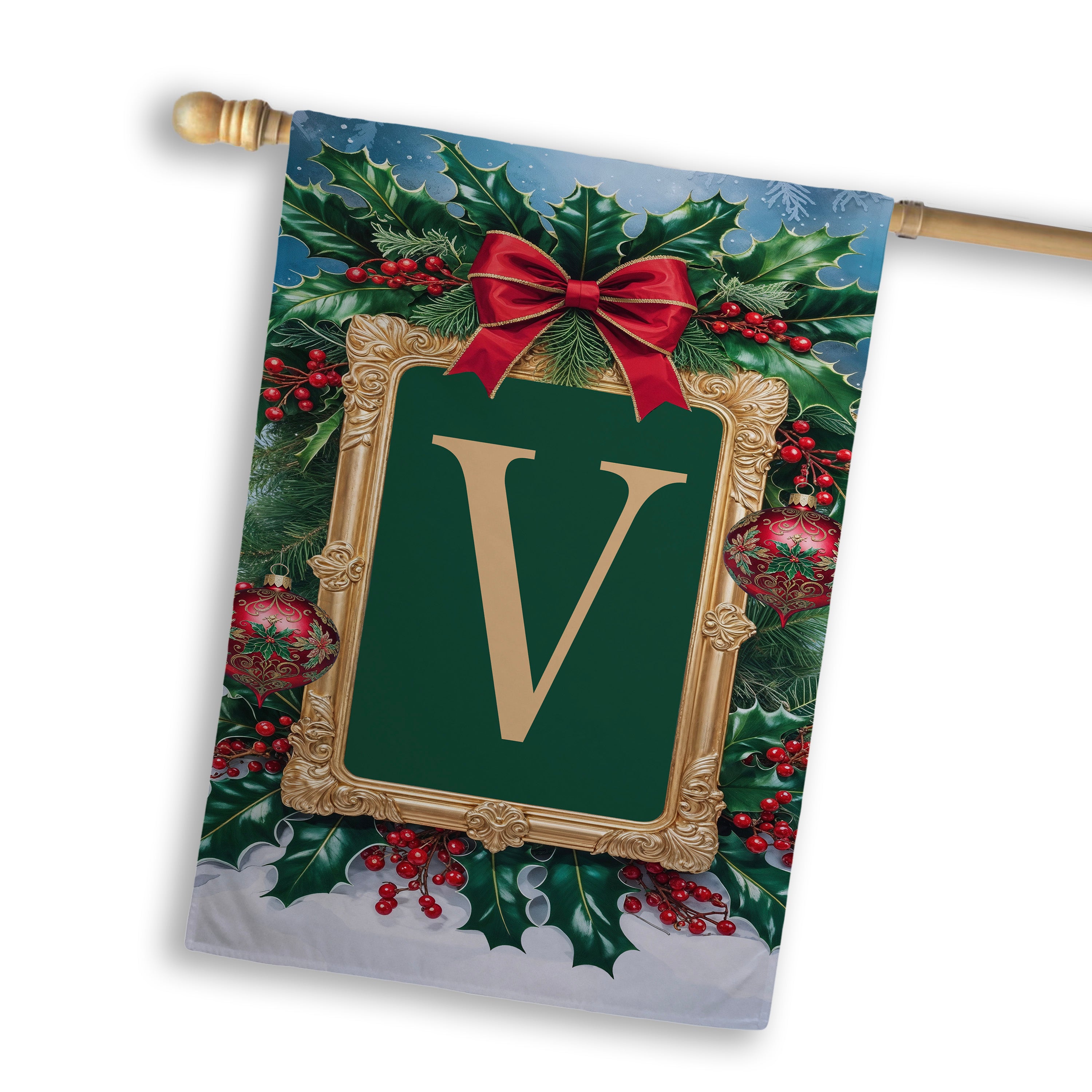 Christmas, Holly Berries Frame, Monogram, House Flag