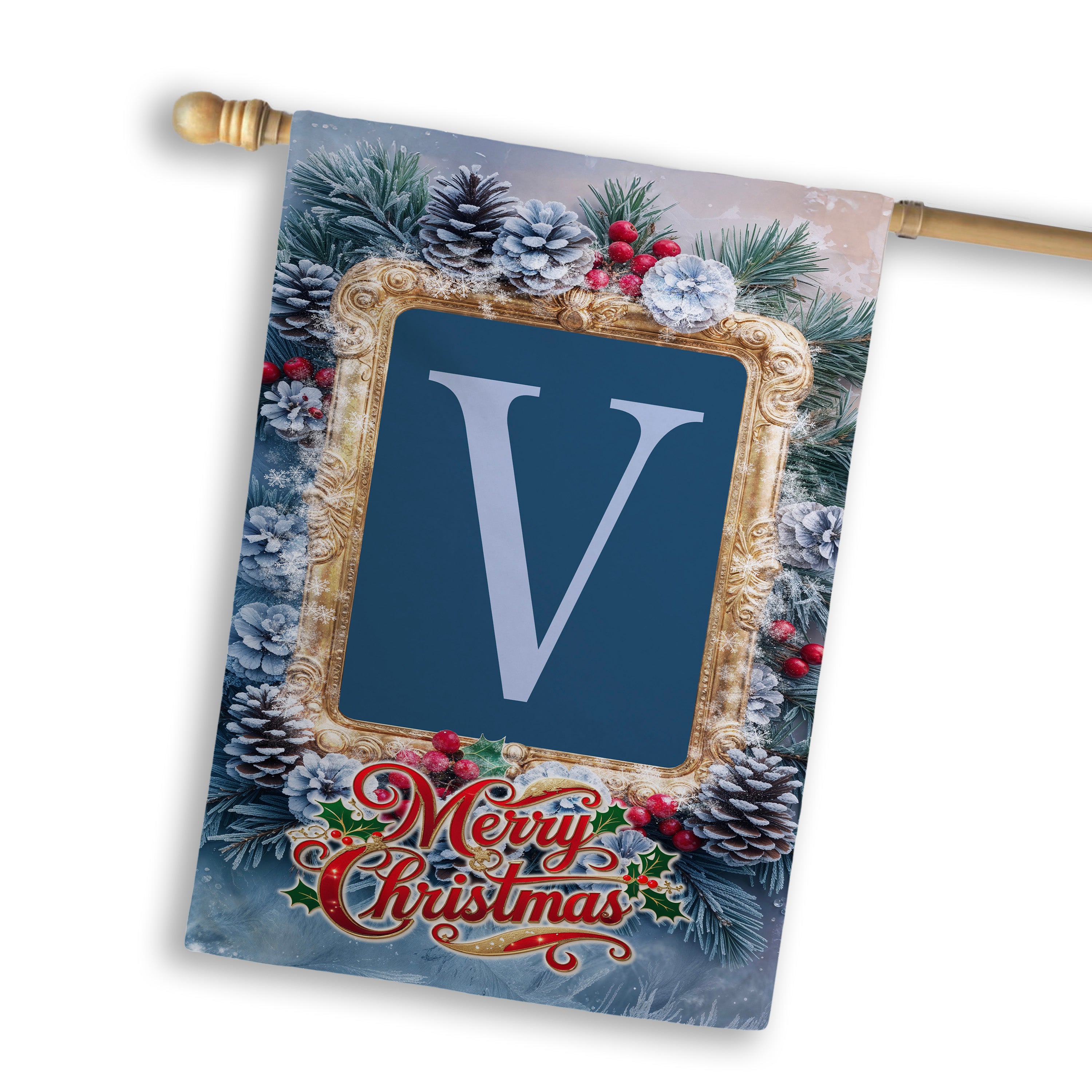 Christmas, Snowy Pine Cones, Monogram, House Flag