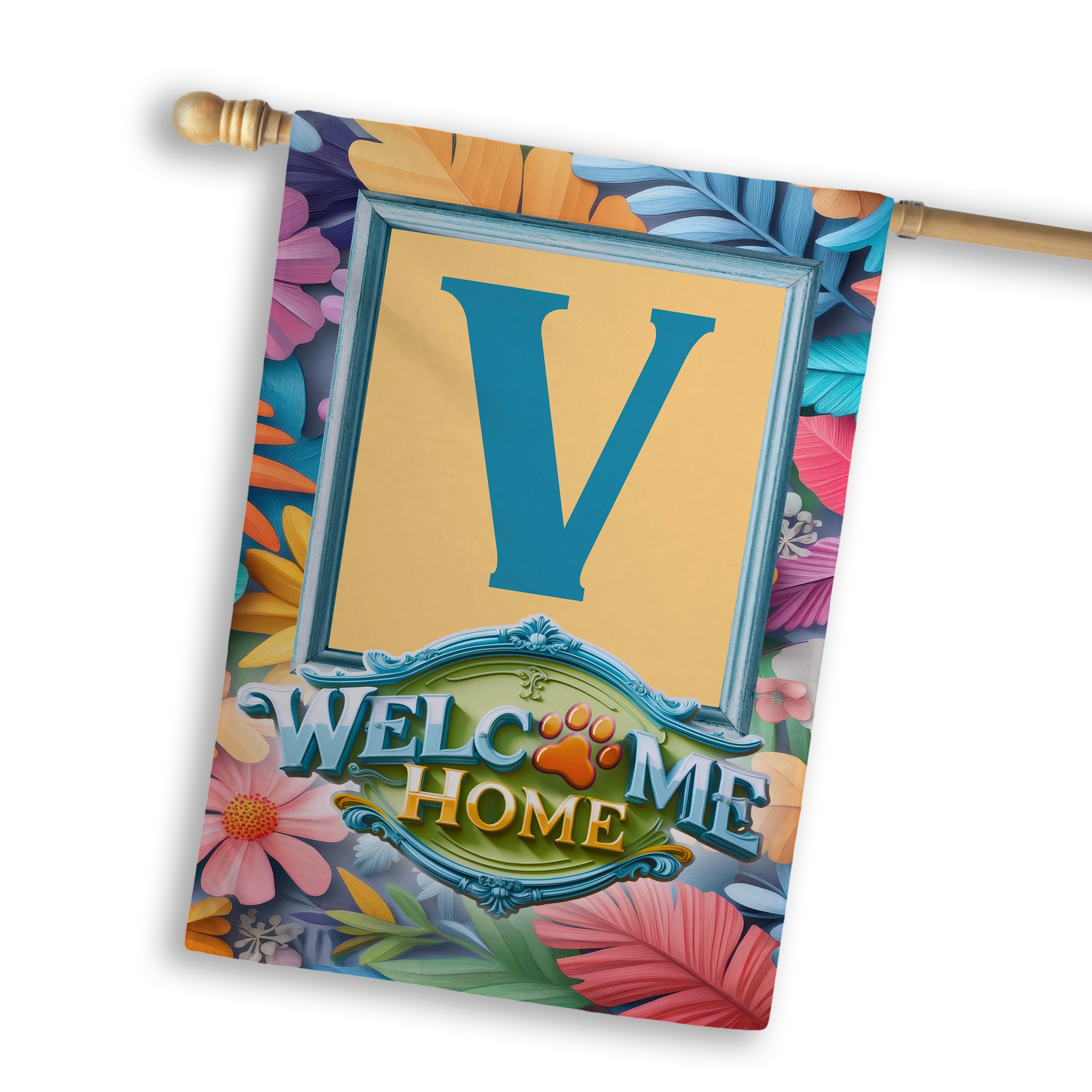Welcome, Welcome Home Floral, Monogram, House Flag