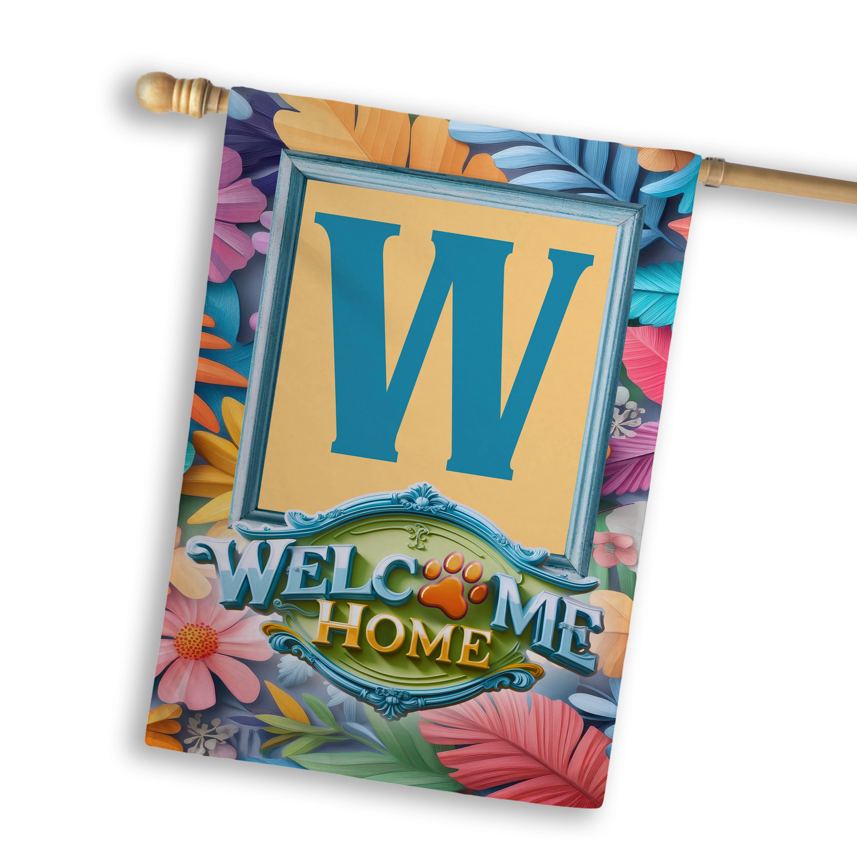 Welcome, Welcome Home Floral, Monogram, House Flag