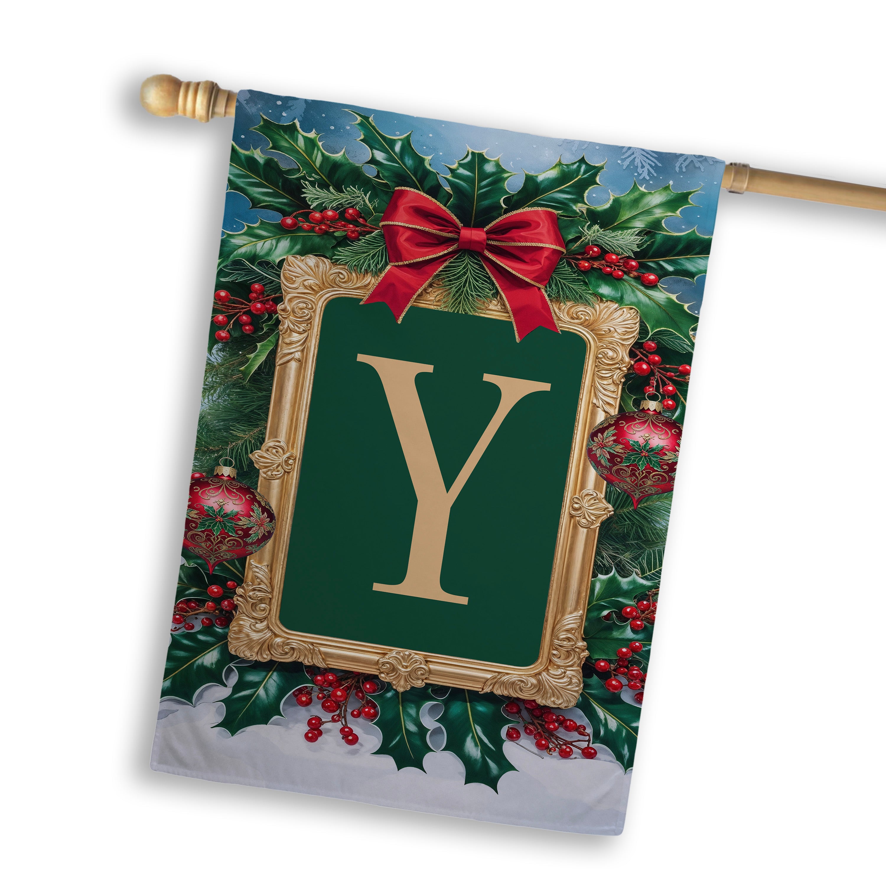 Christmas, Holly Berries Frame, Monogram, House Flag