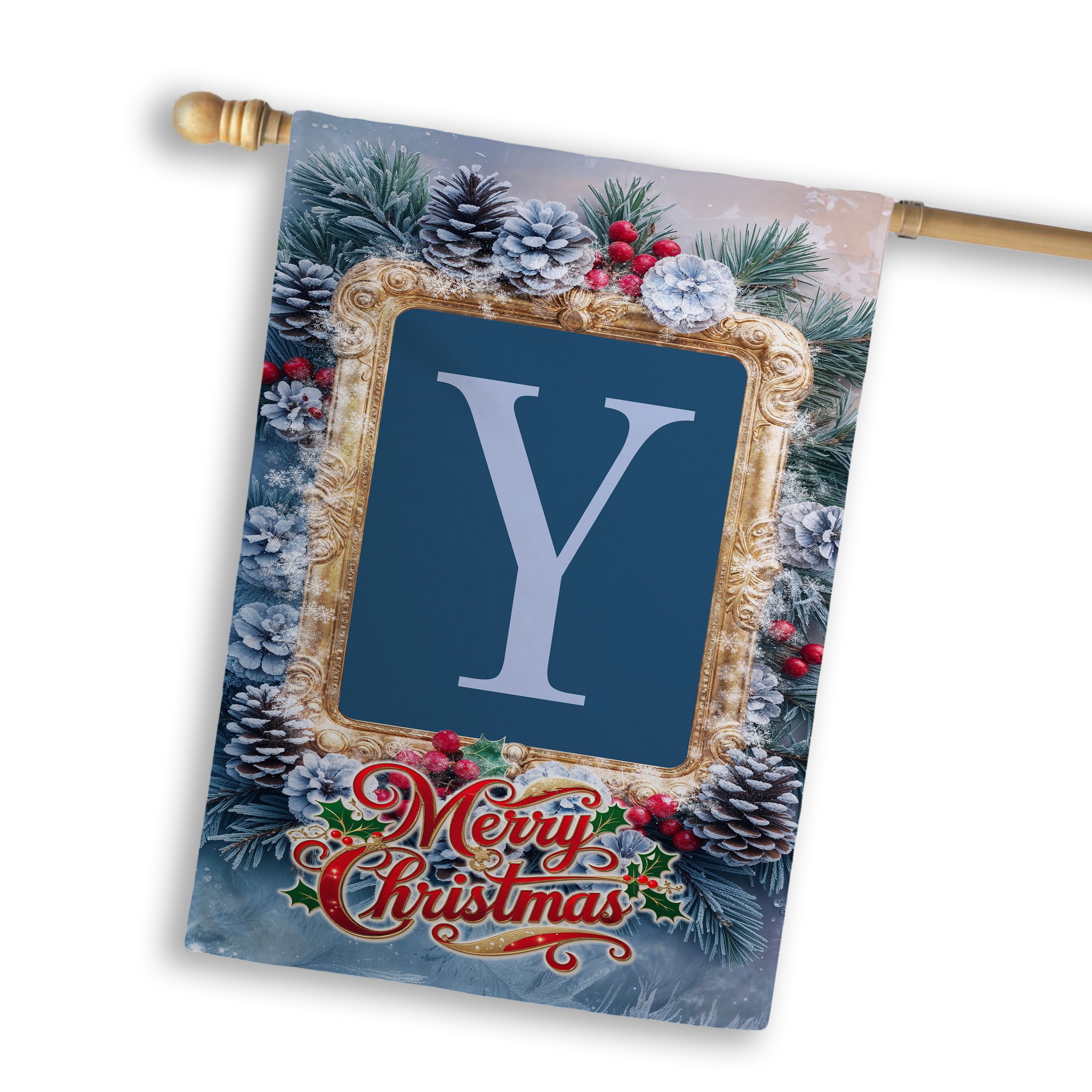 Christmas, Snowy Pine Cones, Monogram, House Flag