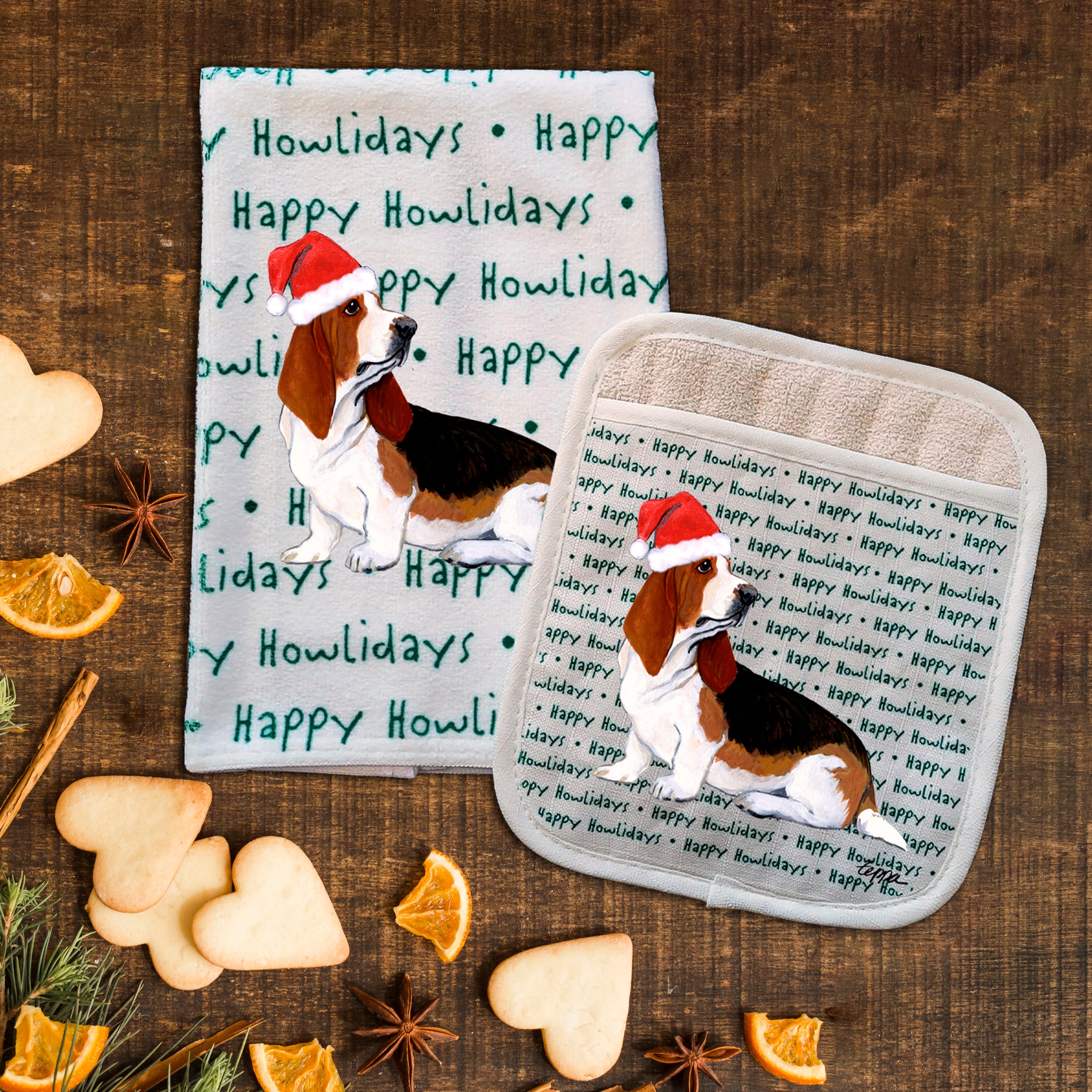 Basset Hound      Christmas Kitchen Textiles Set