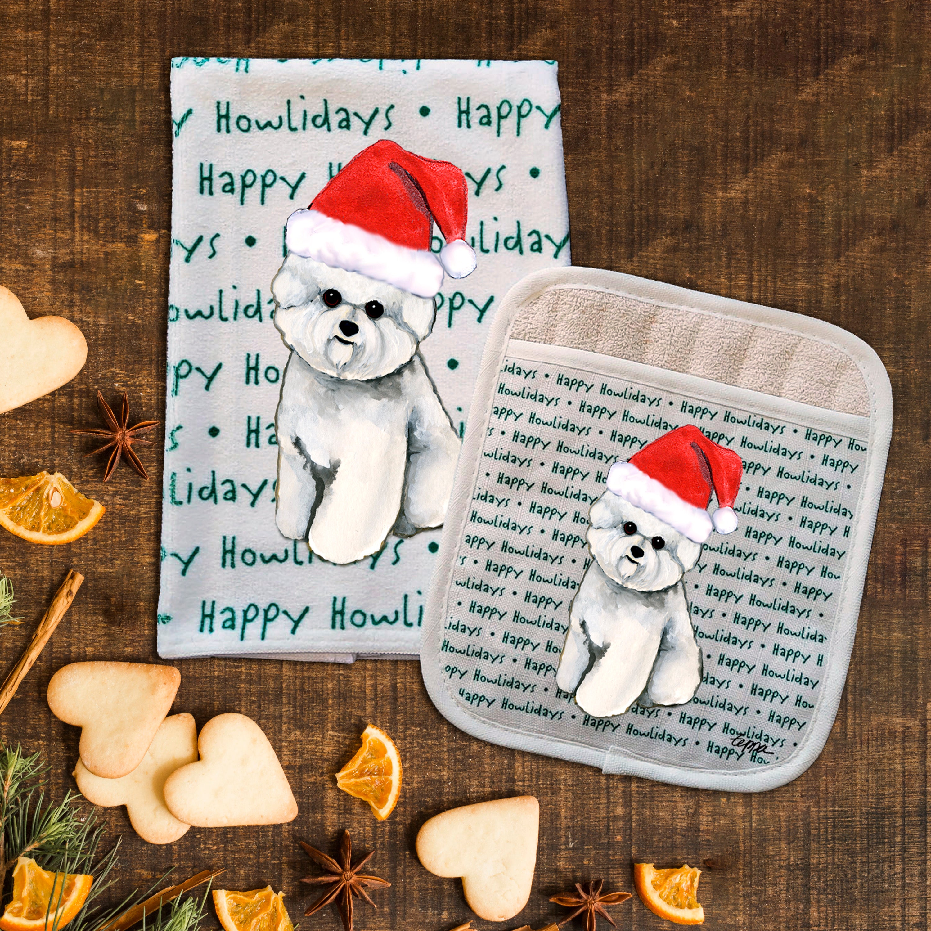 Bichon Frise Christmas Kitchen Textiles Set