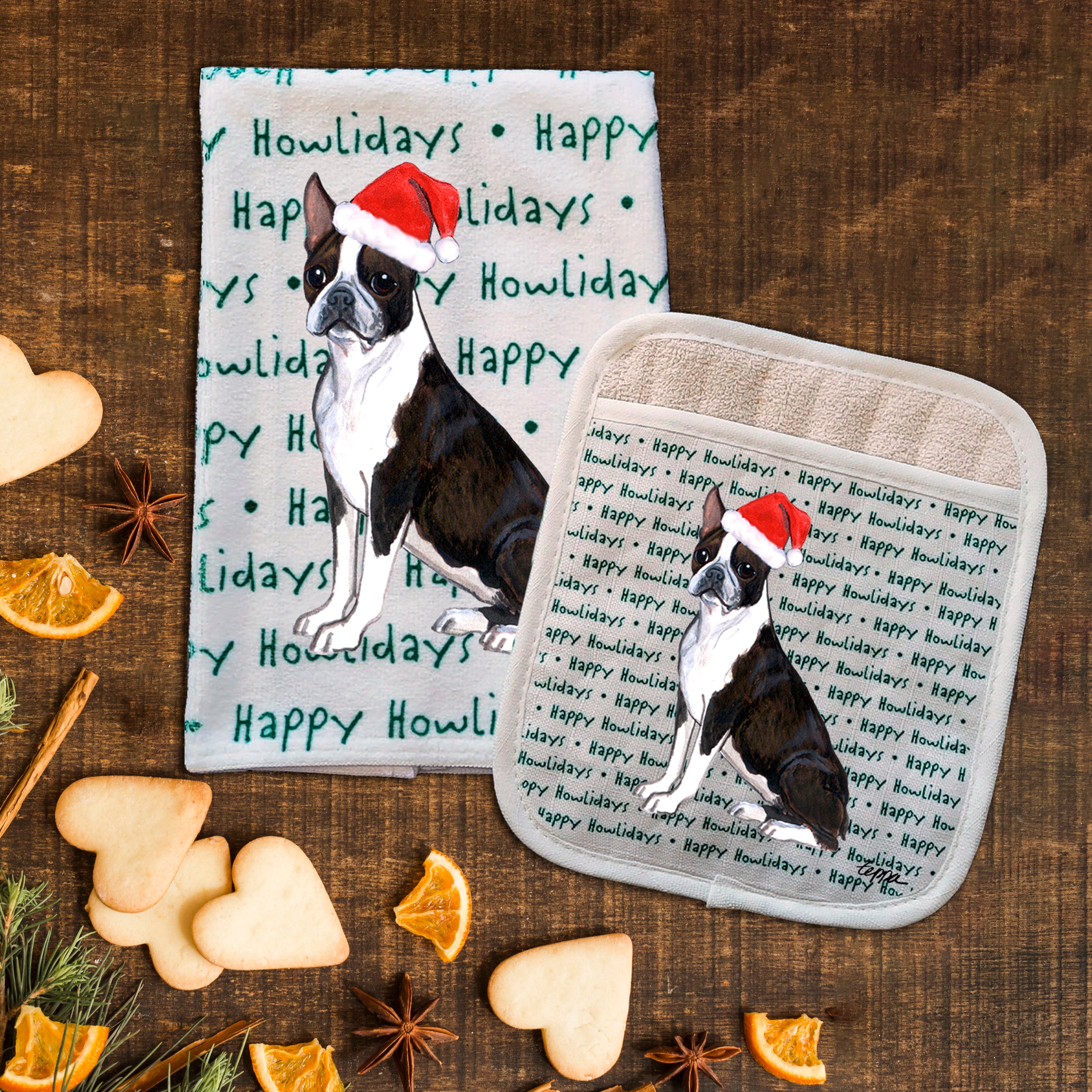 Boston Terrier Christmas Kitchen Textiles Set