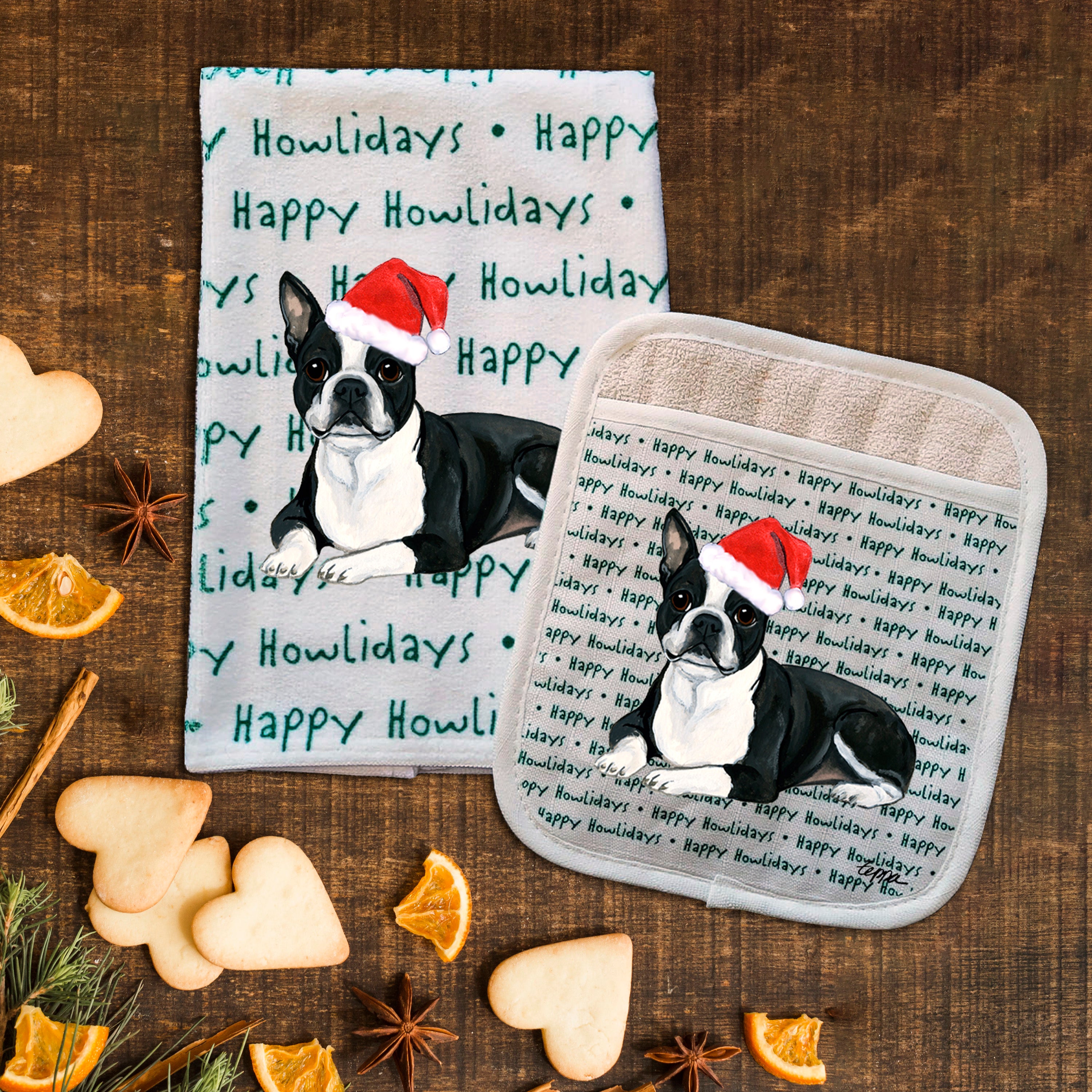 Boston Terrier Lying Christmas Kitchen Textiles Set