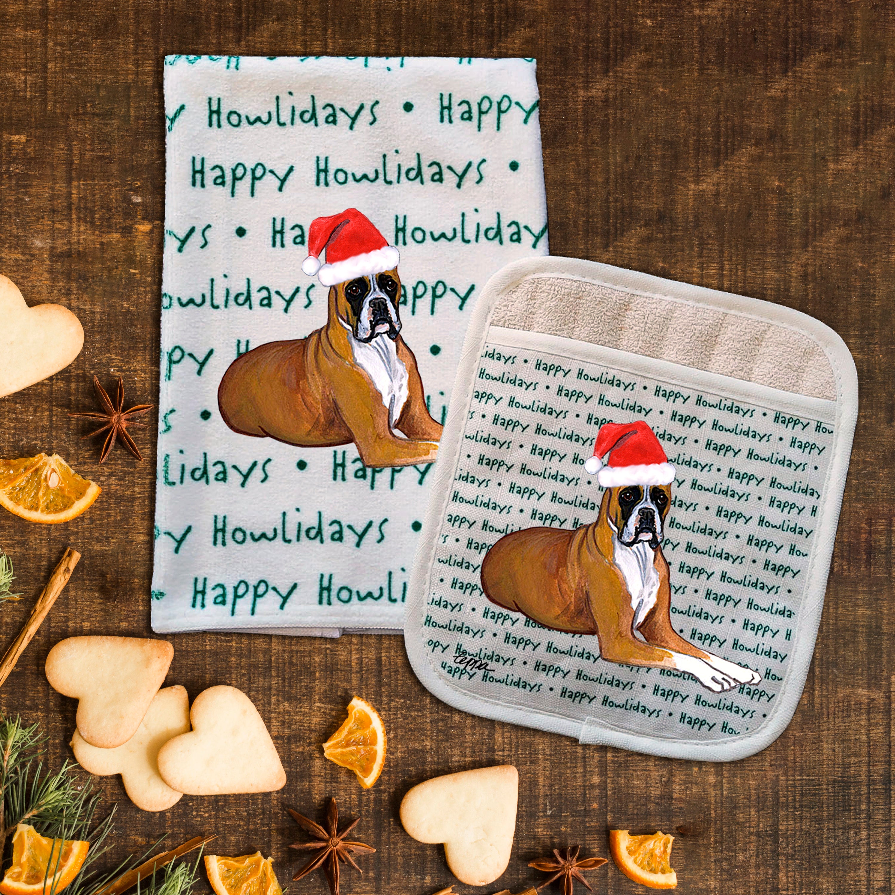 Boxer Lying Christmas Kitchen Textiles Set